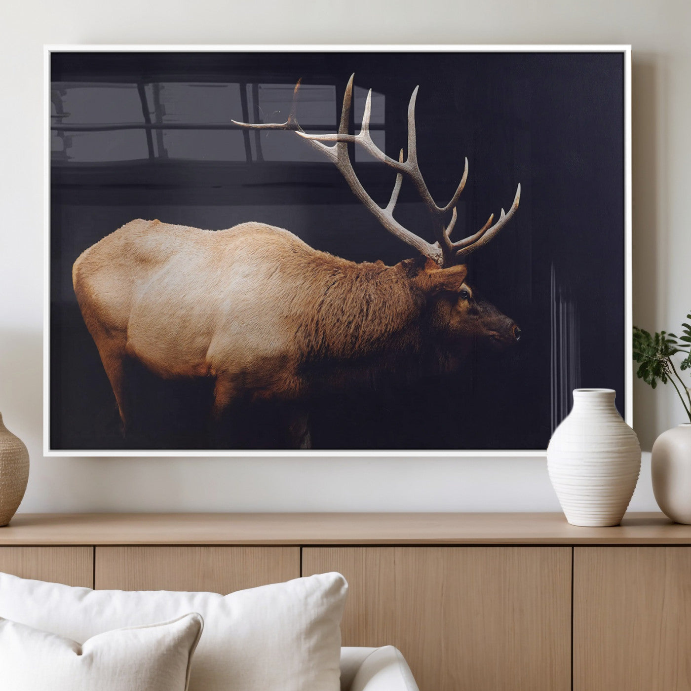 91871131-MGV-FP-36X24-3P_White-Rustic Elk Art Wall Art Canvas Print, Framed Moody Wildlife Decor Art Picture Print, Western Animal Print Perfect Western Lodge