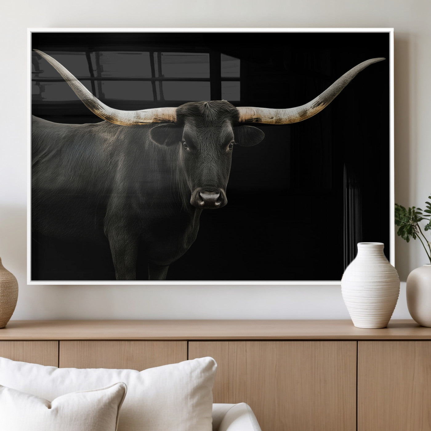 99448328-MGV-FP-36X24-3P_White-Longhorn Cattle Wall Art Canvas Print, Framed Texas Ranch Art Picture Print, Western Cow Perfect Farmhouse Decor Artwork