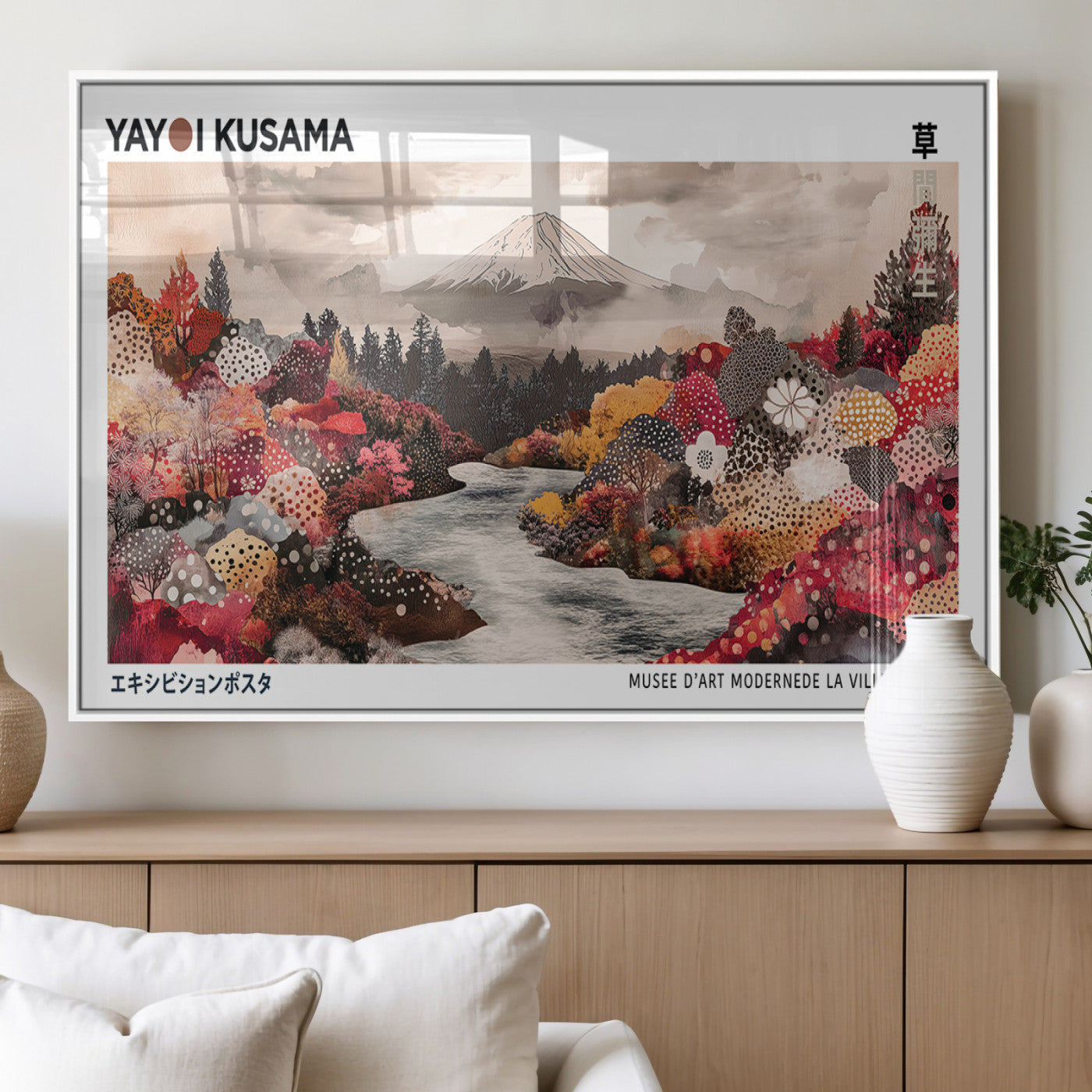 32352074-MGV-FP-36X24-3P_White-Japanese Landscape Wall Art – Mount Fuji River Canvas Print, Modern Asian Inspired Nature Decor for Living Room, Bedroom, Office