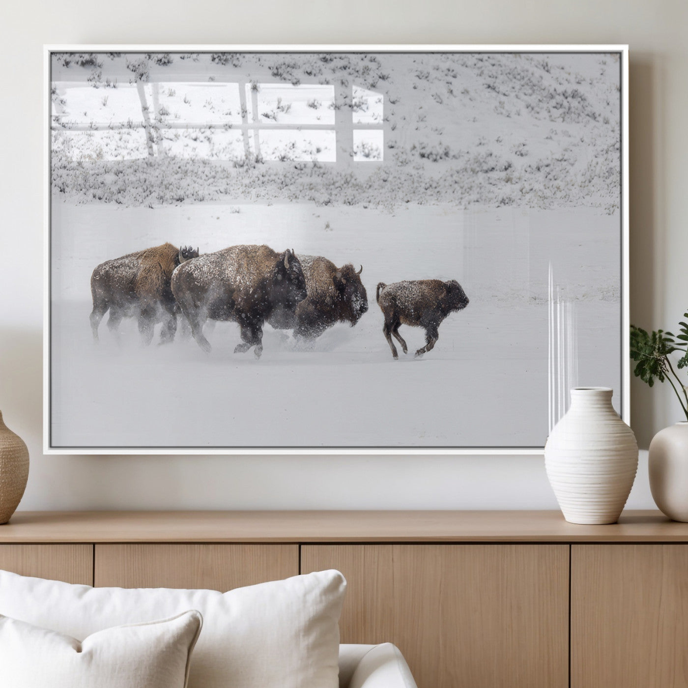 56216945-MGV-FP-36X24-3P_White-Bison Herd Decor Wall Art Canvas Print, Framed Snowy Bison Scene Art Picture Print, Winter Wildlife Theme Perfect Rustic Western