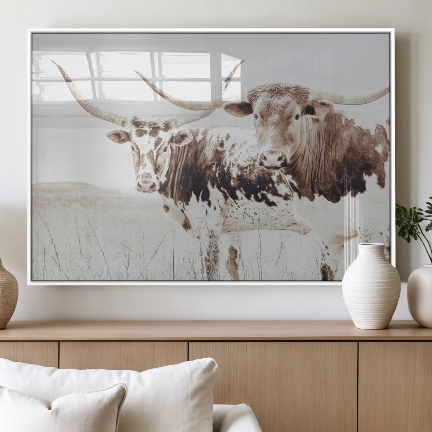 48161868-MGV-FP-60X30-3P_White-Longhorn Cow Decor Wall Art Canvas Print, Framed Rustic Cattle Art Picture Print, Sepia Western Vibe Perfect Neutral Rustic