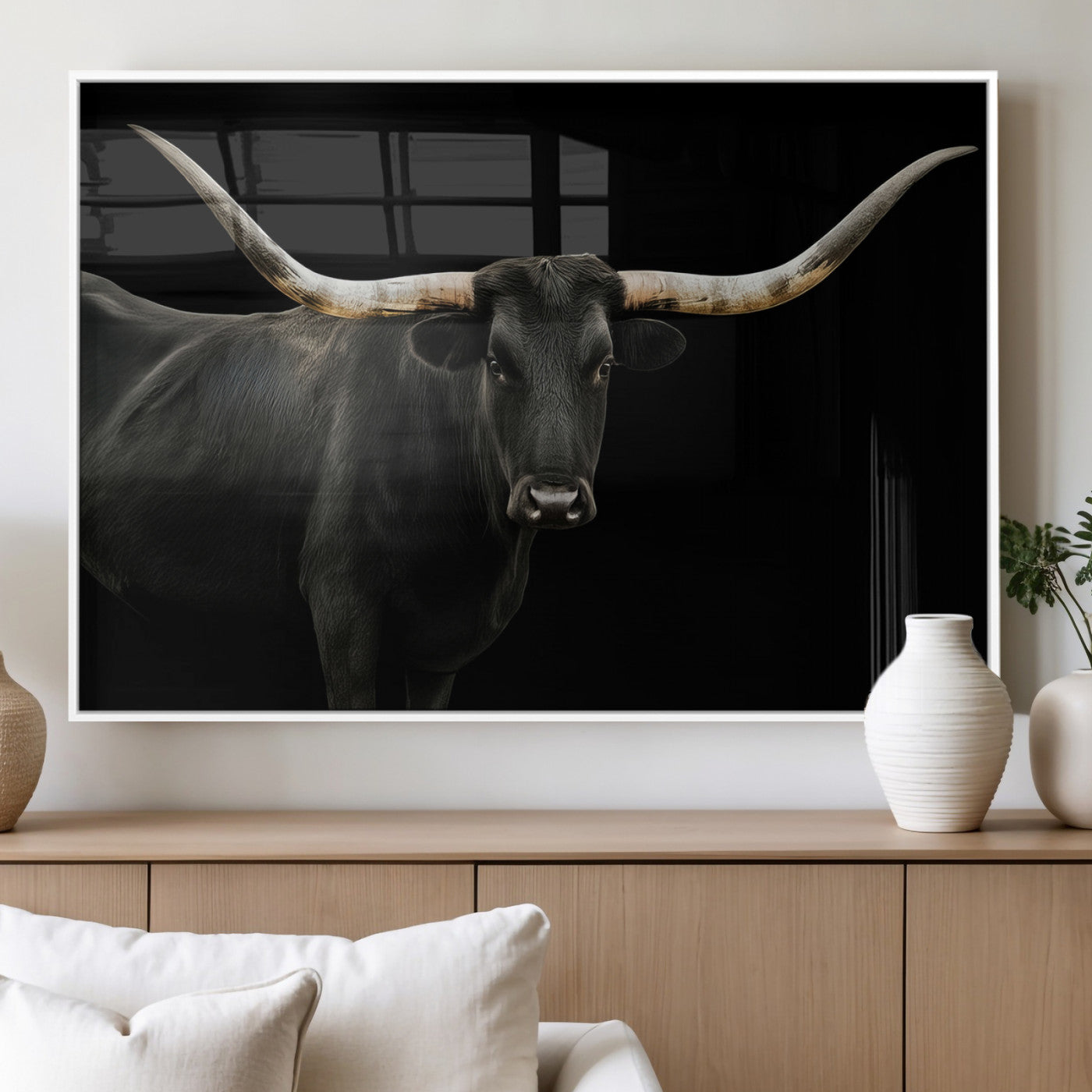 23572907-MGV-FP-60X30-3P_White-Texas Longhorn Wall Art Canvas Print, Framed Rustic Western Decor Art Picture Print, Farmhouse Animal Perfect Modern Western