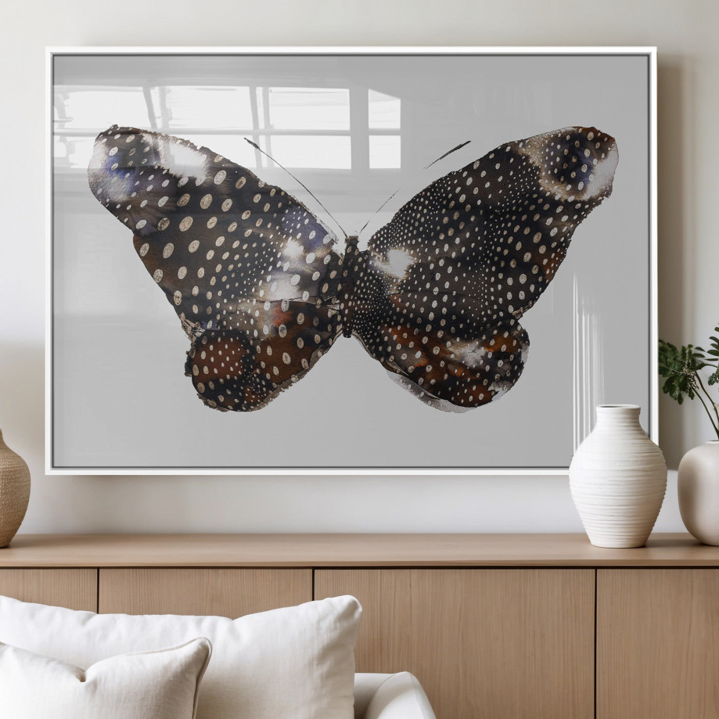 99831147-MGV-FP-36X24-3P_White-Spotted Butterfly Wall Art Canvas Print, Framed Neutral Insect Theme Art Picture Print, Earthy Wing Pattern Perfect Modern Rustic