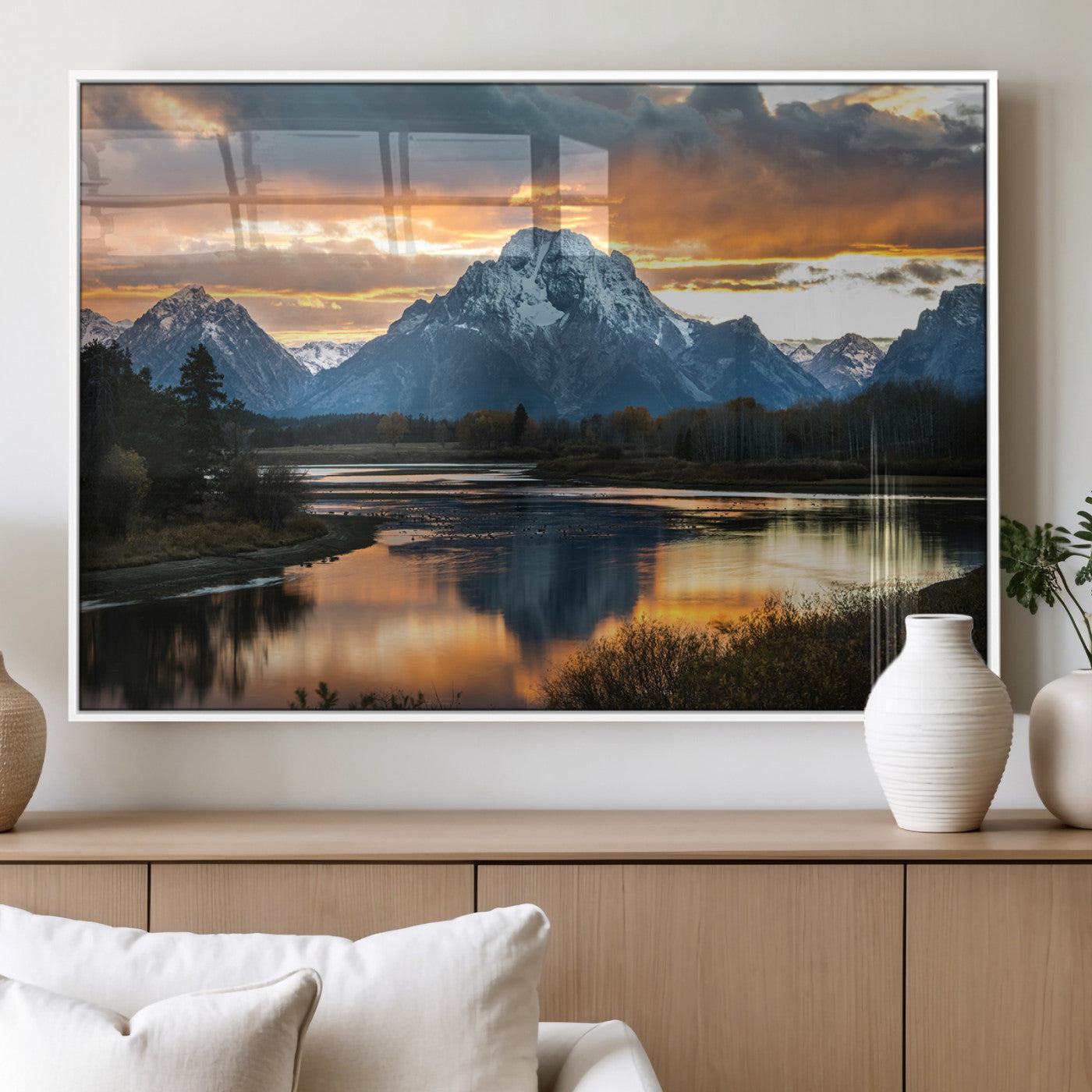 14130176-MGV-FP-36X24-3P_White-Mountain Sunset Wall Art Canvas Print, Framed Alpine Wilderness Art Picture Print, Golden Hour Perfect Rustic Wilderness Decor
