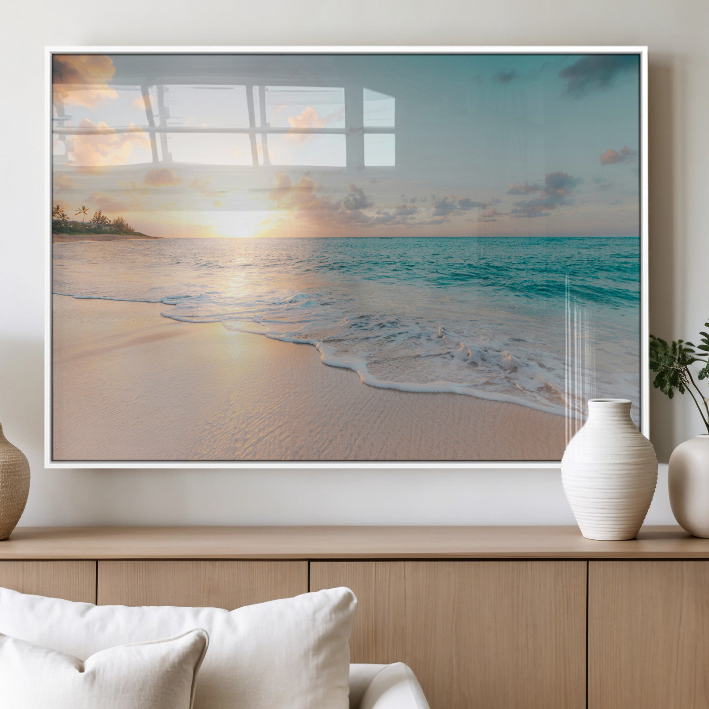 94538225-MGV-FP-36X24-3P_White-Beach Sunset Wall Art Canvas Print, Framed Ocean Waves Art Picture Print, Summer Escape Perfect Coastal Serenity Decor Artwork
