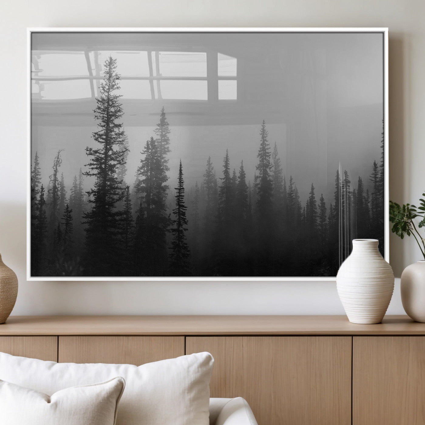 73138900-MGV-FP-36X24-3P_White-Misty Pines Wall Art Canvas Print, Framed Woodland Photography Art Picture Print, Minimalist Decor Perfect Modern Rustic Decor