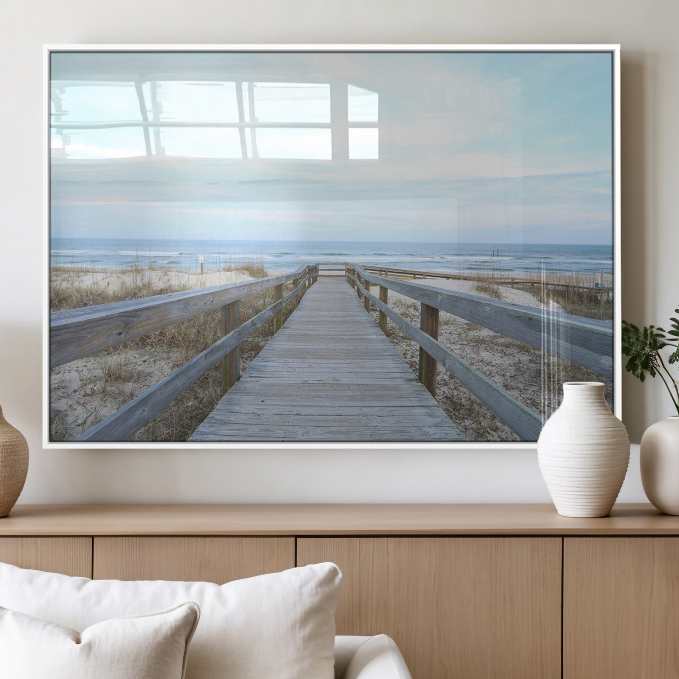 31602988-MGV-FP-36X24-3P_White-Beach Boardwalk Wall Art Canvas Print, Framed Coastal Serenity Art Picture Print, Ocean View Perfect Coastal Minimalist Decor