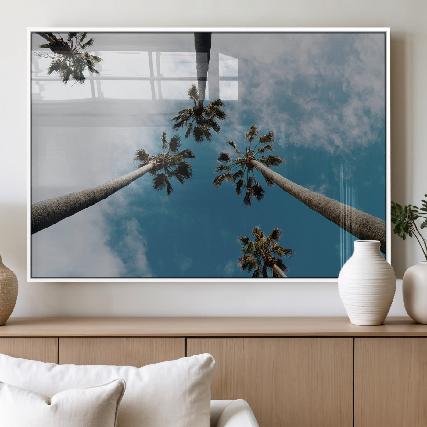 45236398-MGV-FP-36X24-3P_White-Tropical Palm Trees Wall Art Canvas Print, Framed California Sky Art Picture Print, Minimalist Nature Perfect Coastal Minimalist