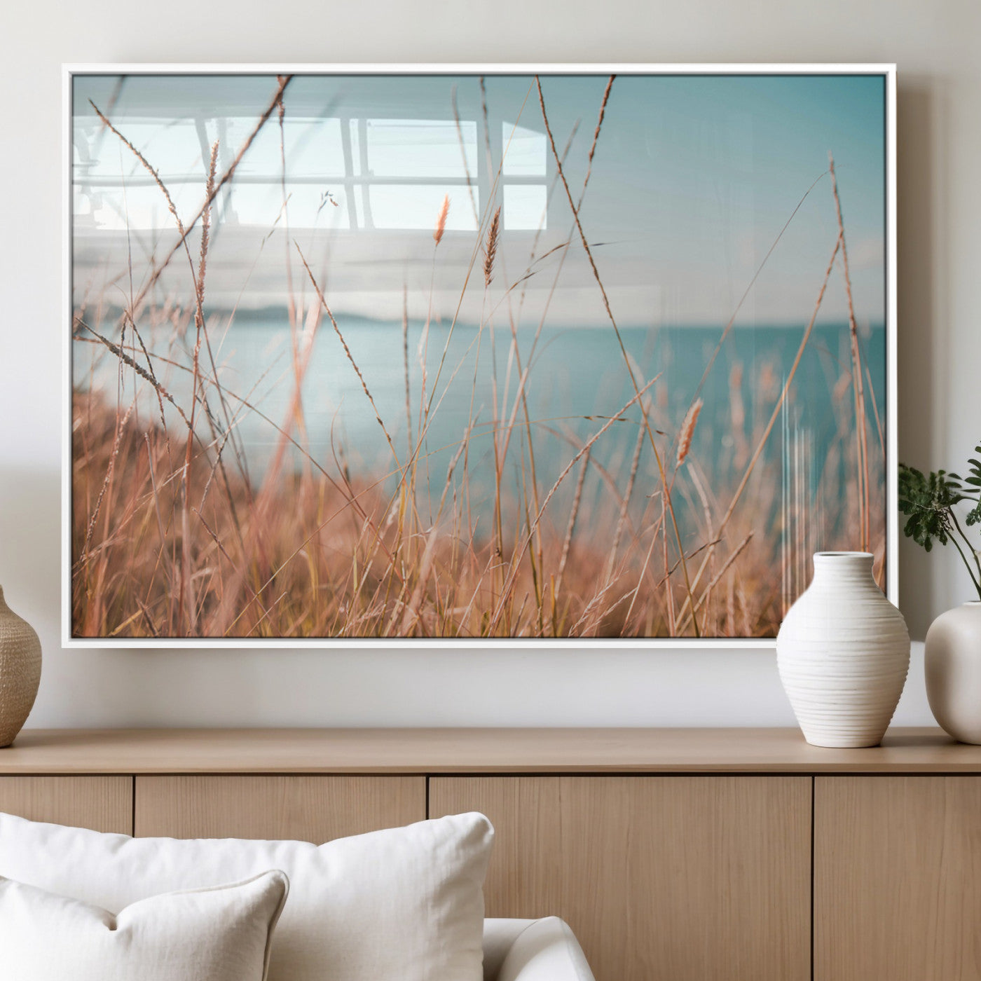 36108696-MGV-FP-36X24-3P_White-Coastal Grass Wall Art – Serene Ocean View Canvas Print, Beach Nature Photography Decor for Living Room, Bedroom, Office or Modern