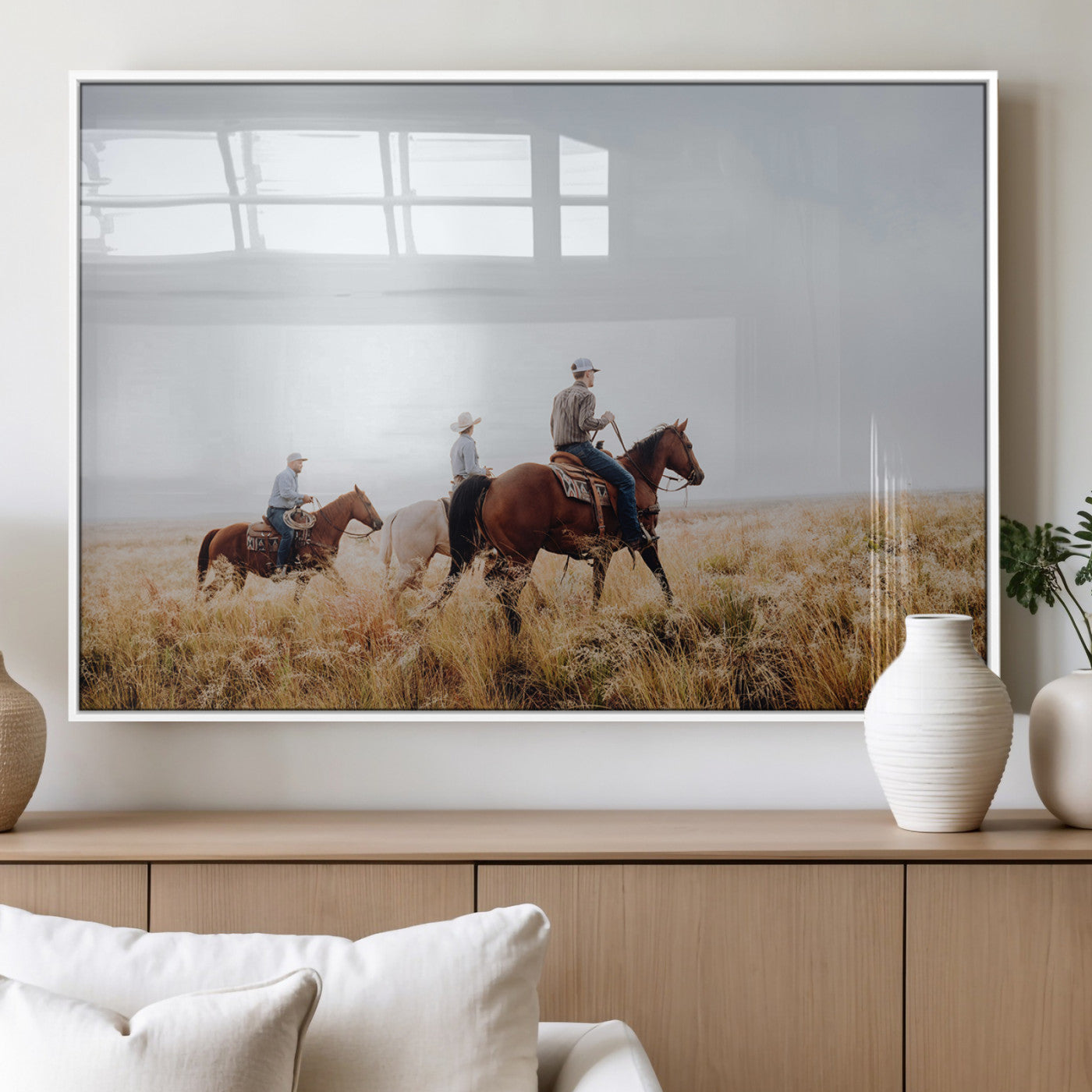 94723307-MGV-FP-36X24-3P_White-Western Cowboys Wall Art Canvas Print, Framed Rustic Prairie Art Picture Print, Horseback Riding Perfect Rustic Western Decor