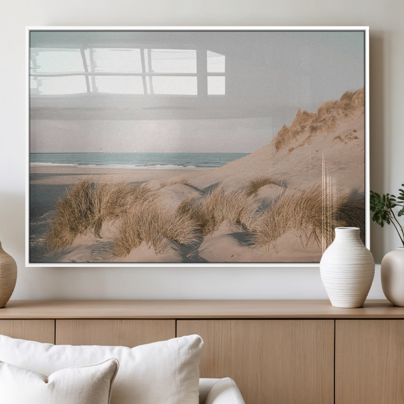 28064037-MGV-FP-36X24-3P_White-Minimalist Seascape Wall Art Canvas Print, Framed Neutral Beach Print Art Picture Print, Sand Dune Photography Perfect