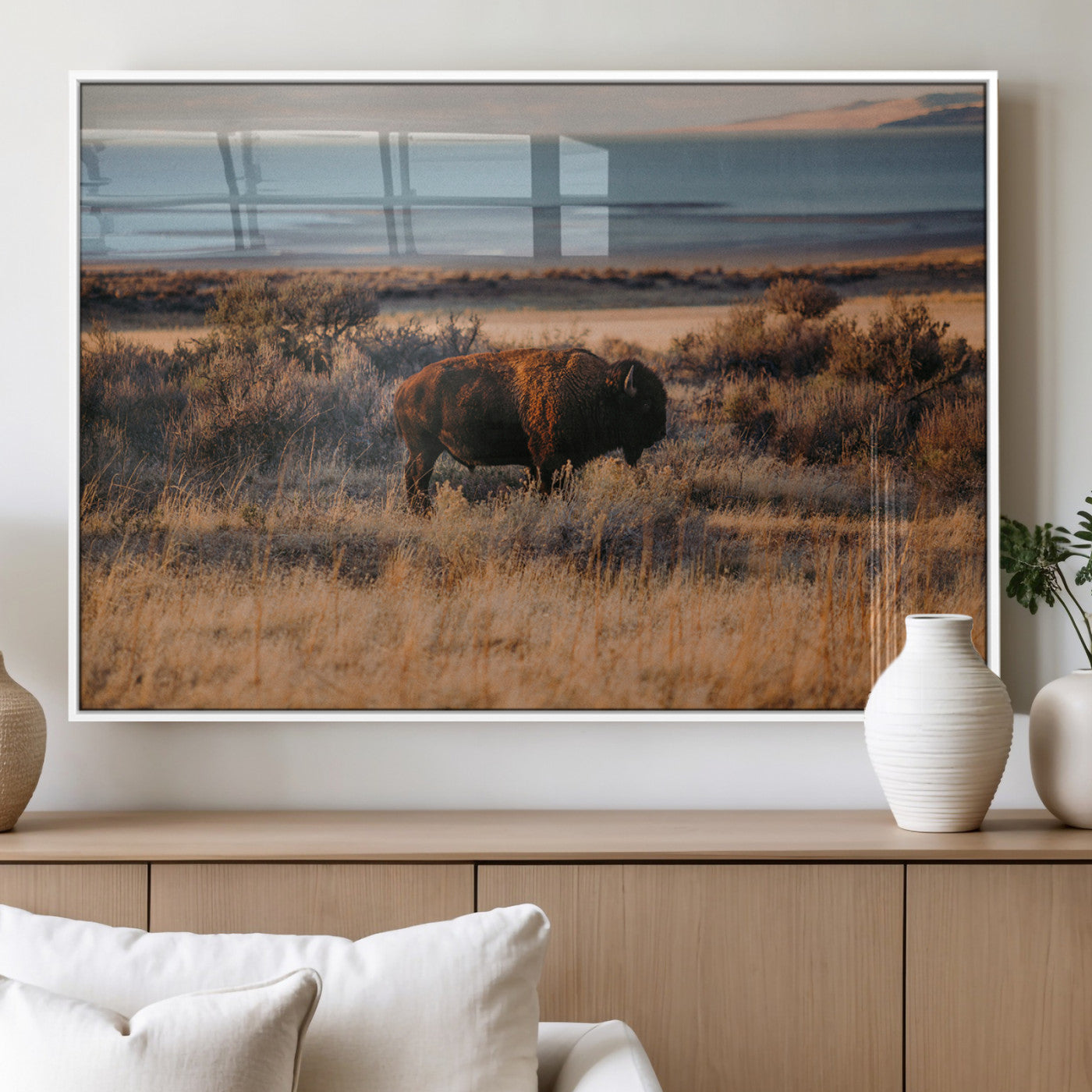 39509187-MGV-FP-36X24-3P_White-Western Wildlife Wall Art Canvas Print, Framed Bison Art Picture Print, Golden Hour Perfect Western Rustic Decor Artwork