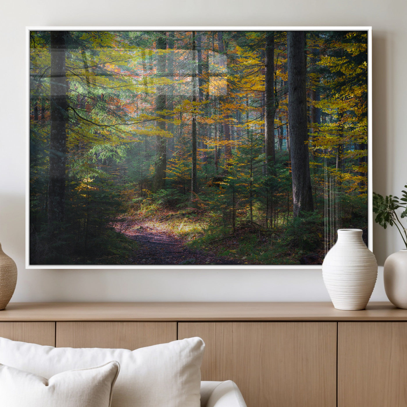 65810864-MGV-FP-36X24-3P_White-Autumn Forest Wall Art Canvas Print, Framed Fall Woodland Art Picture Print, Golden Leaves Perfect Rustic Farmhouse Decor Artwork