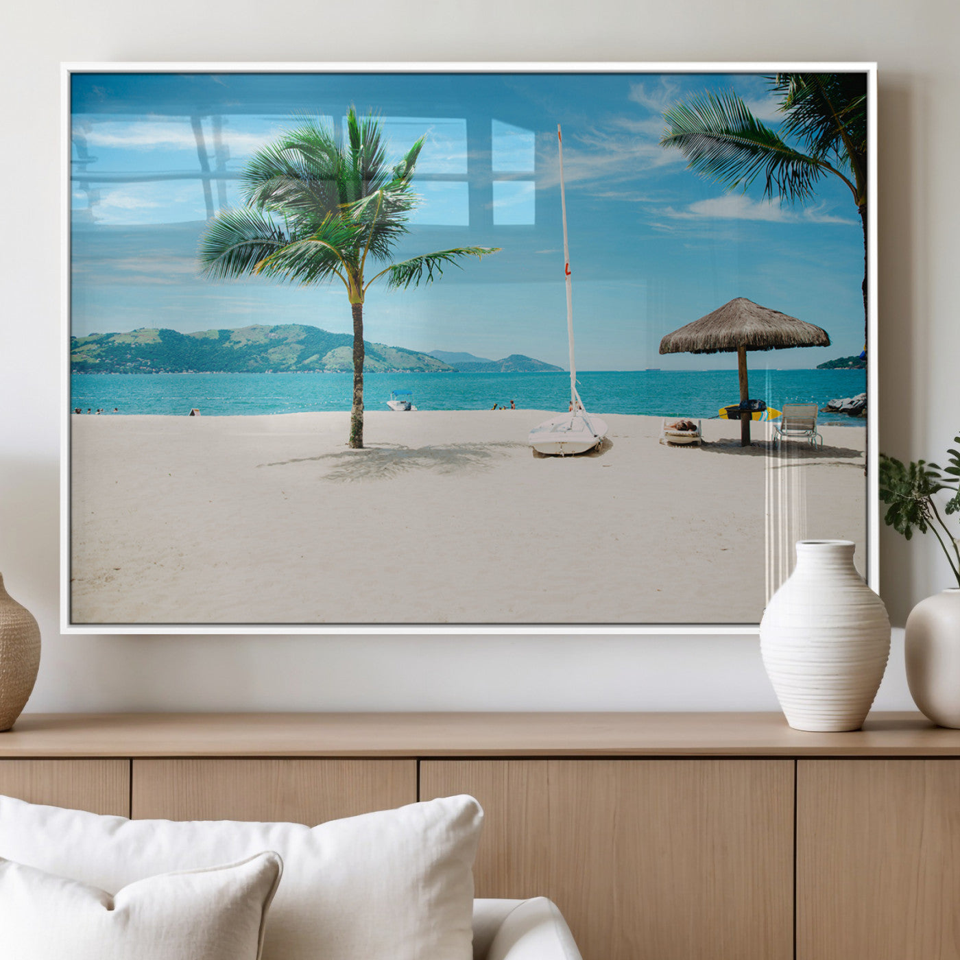 42623350-MGV-FP-36X24-3P_White-Tropical Beach Wall Art Canvas Print, Framed Palm Tree Art Picture Print, Ocean View Perfect Tropical Coastal Decor Artwork