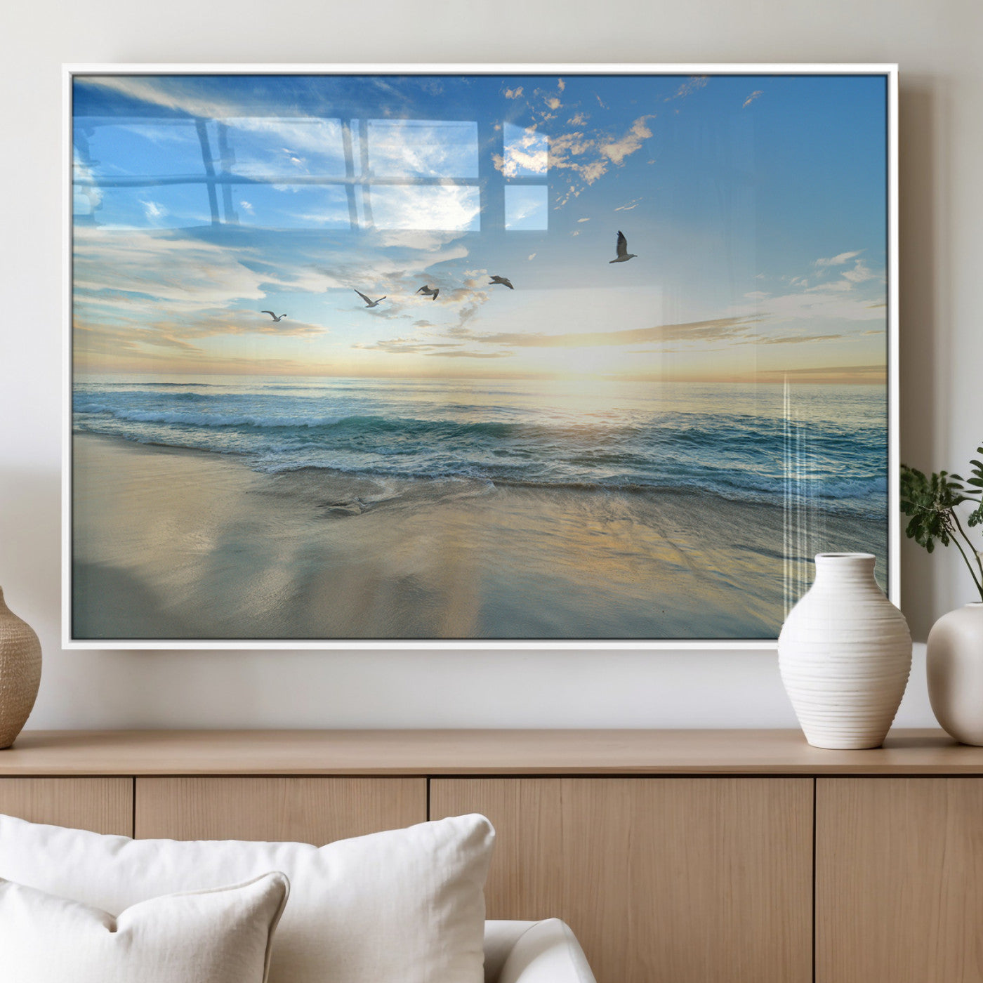 20708696-MGV-FP-36X24-3P_White-Minimalist Seaside Wall Art Canvas Print, Framed Morning Glow Art Picture Print, Golden Reflections Perfect Coastal Minimalist