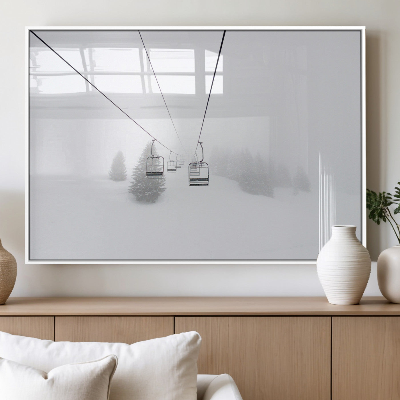 20216390-MGV-FP-36X24-3P_White-Ski Lift Wall Art Canvas Print, Framed Snowy Landscape Art Picture Print, Alpine Adventure Perfect Nordic Minimalist Decor Artwork