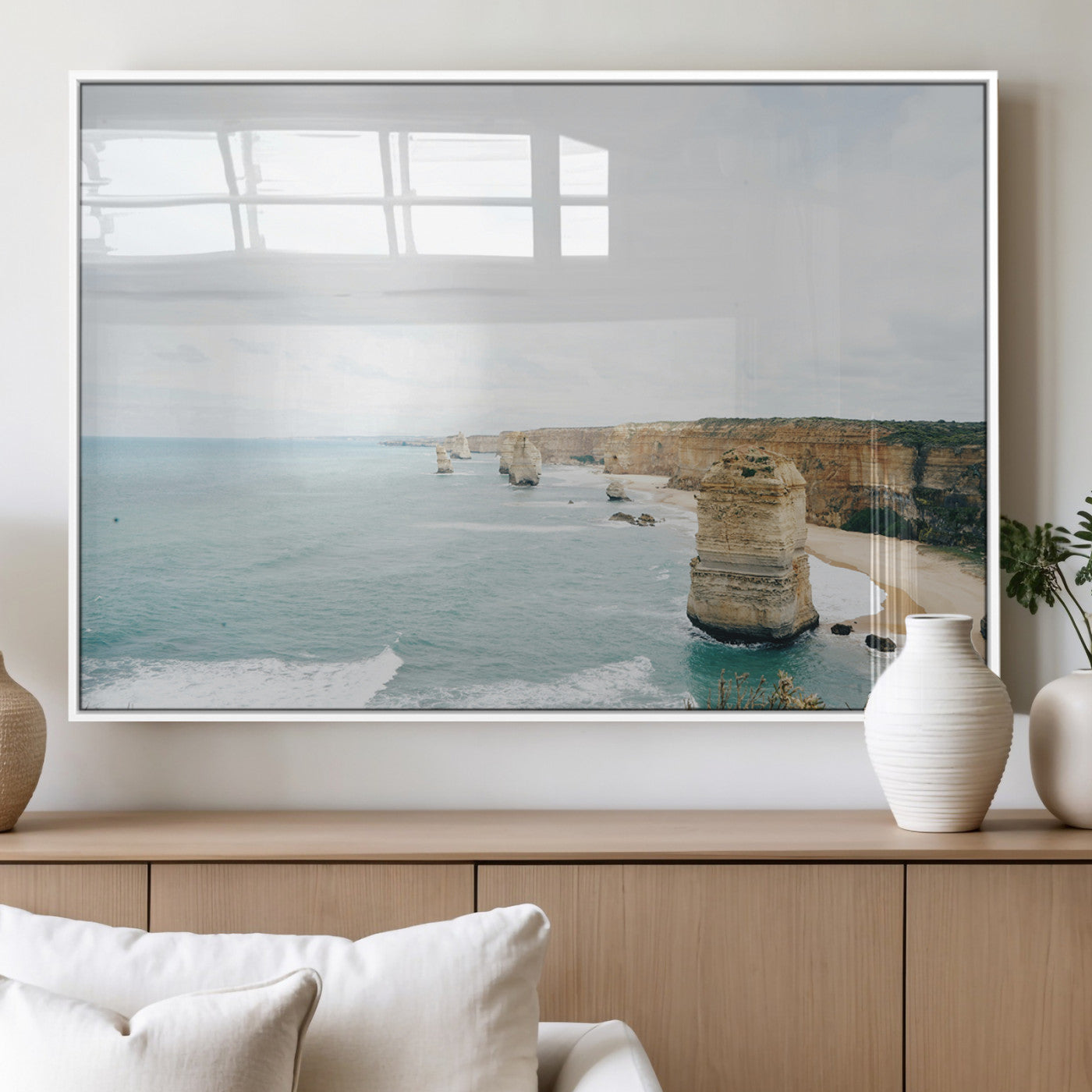 70095633-MGV-FP-60X30-3P_White-Twelve Apostles Wall Art Canvas Print, Framed Coastal Cliffs Art Picture Print, Rugged Rock Formations Perfect Minimalist Coastal