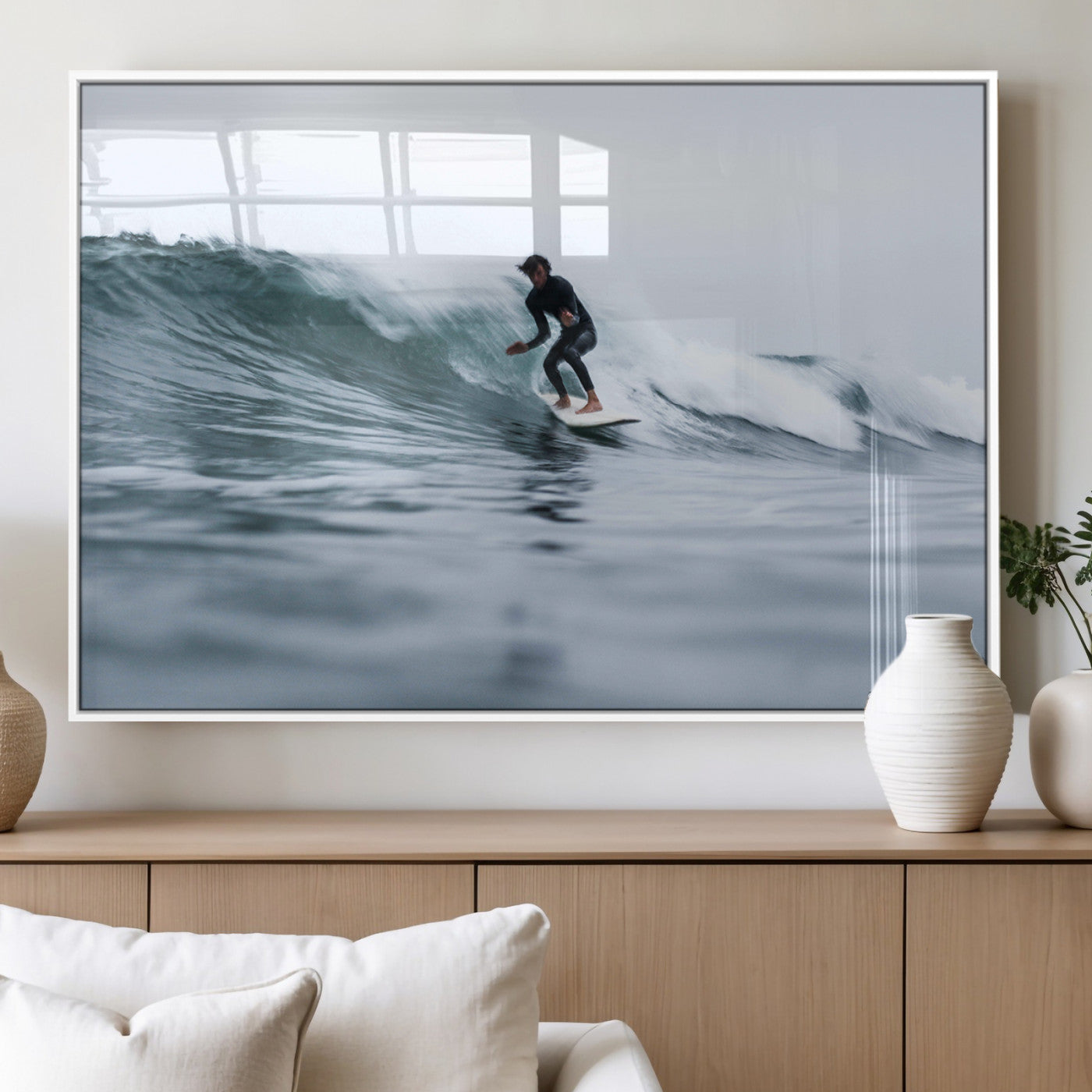 11693607-MGV-FP-60X30-3P_White-Surfer on Wave Wall Art Canvas Print, Framed Ocean Adventure Art Picture Print, Motion Blur Water Perfect Coastal Adventure Decor