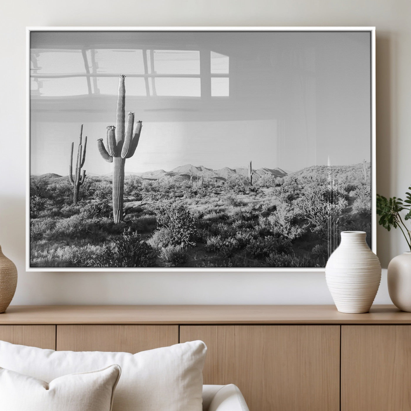 85205054-MGV-FP-36X24-3P_White-Saguaro Cactus Wall Art Canvas Print, Framed Monochrome Landscape Art Picture Print, Scenic Arizona View Perfect Minimalist