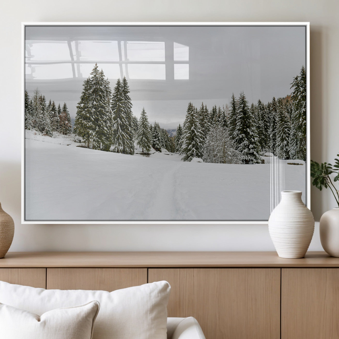 24581417-MGV-FP-36X24-3P_White-Frosty Pines Wall Art Canvas Print, Framed Silent Snowfall Art Picture Print, Cozy Cabin Vibes Perfect Nordic Minimalist Decor