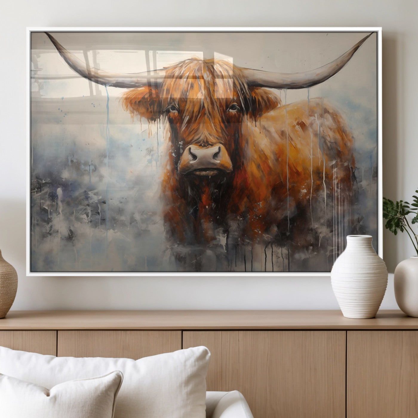 X61001-MGV-FP-36X24-3P_White-Scottish Highland Wall Art Canvas Print, Framed Longhorn Art Picture Print, Western Cow Perfect Farmhouse Decor Artwork