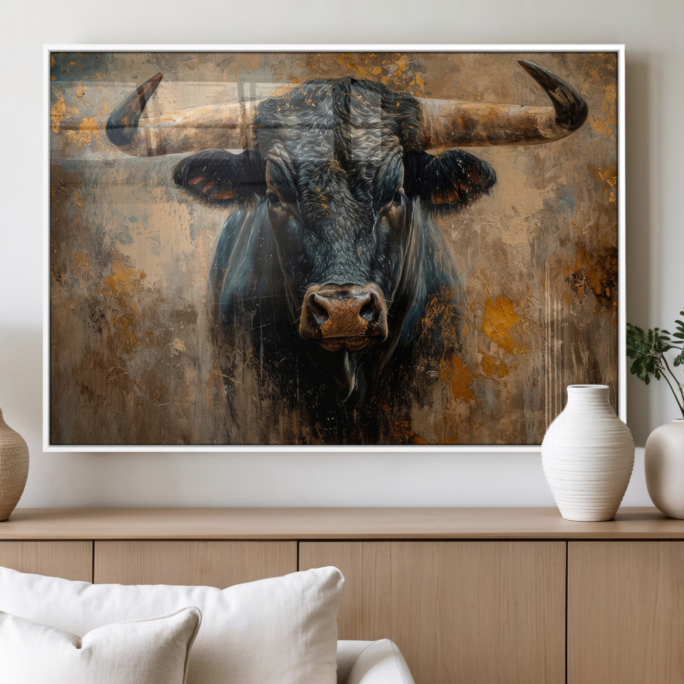 91615410-MGV-FP-36X24-3P_White-Bull Wall Art – Rustic Western Longhorn Canvas Print, Powerful Abstract Animal Painting, Farmhouse Ranch Decor for Living Room,