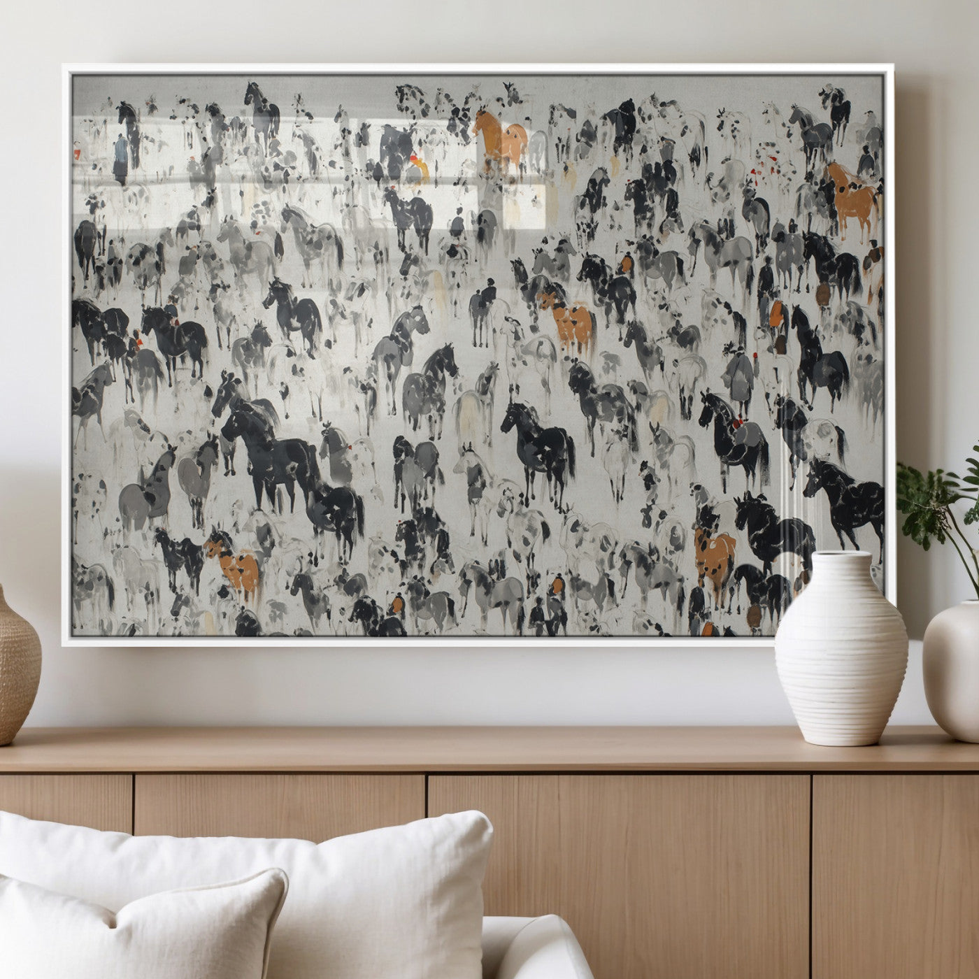 56463722-MGV-FP-36X24-3P_White-Colorful Horse Herd Wall Art – Abstract Wild Horses Canvas Print, Rustic Western Farmhouse Décor for Living Room, Bedroom, Office