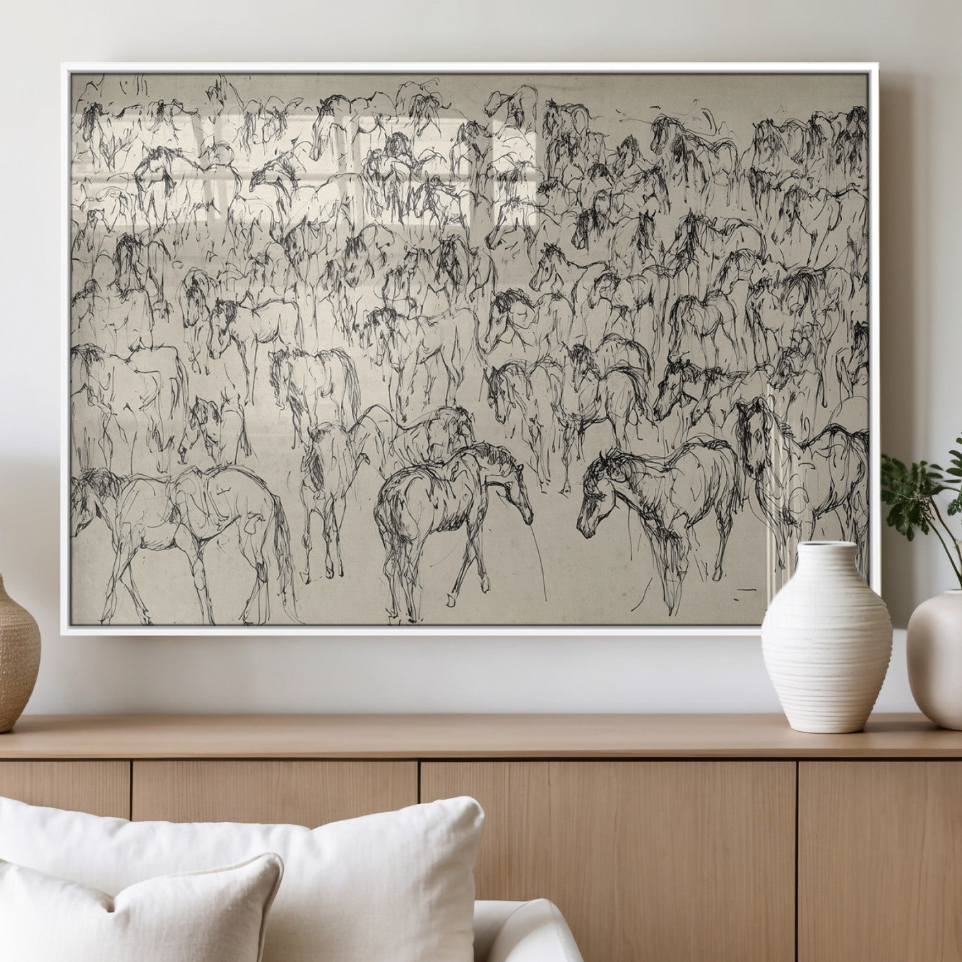 86653927-MGV-FP-36X24-3P_White-Sketch Horse Herd Wall Art – Minimalist Wild Horses Line Drawing Canvas Print, Rustic Western Farmhouse Decor for Living Room,