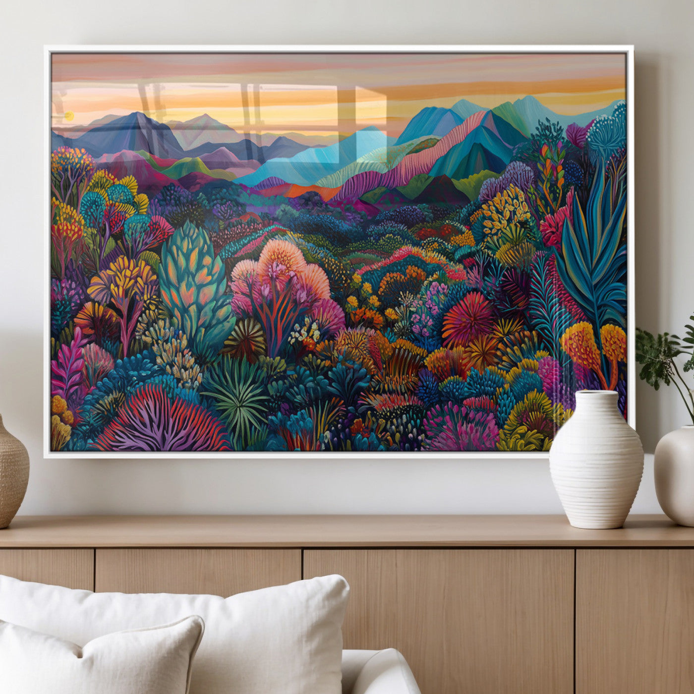 88685101-MGV-FP-36X24-3P_White-Colorful Mountain Landscape Wall Art – Vibrant Nature Canvas Print, Sunset Forest Artwork for Living Room, Bedroom, Office, Boho
