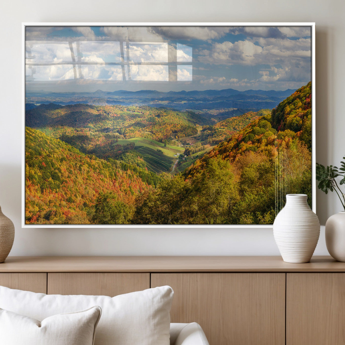 11486718-MGV-FP-36X24-3P_White-Autumn Valley Landscape Wall Art – Scenic Fall Foliage Canvas Print, Colorful Forest Hills Artwork, Nature Inspired Mountain View