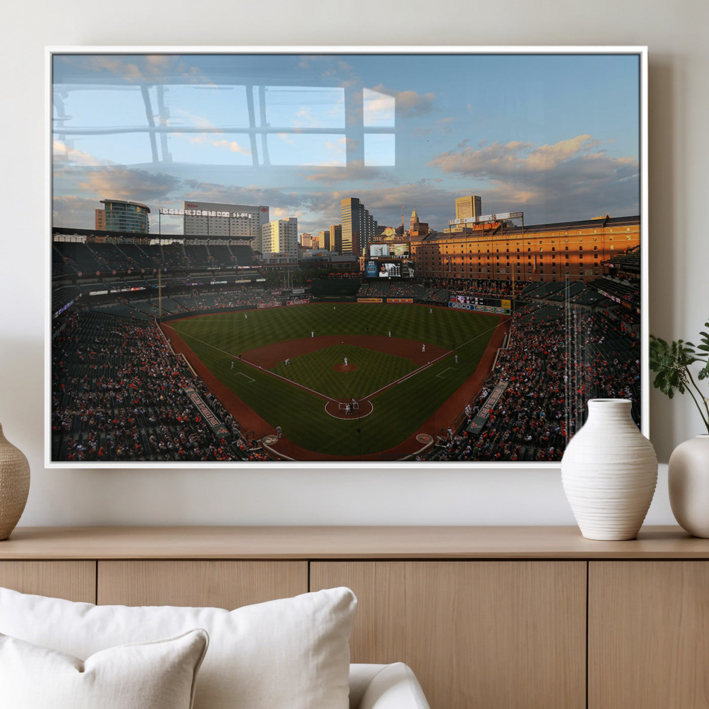 22285236-MGV-FP-36X24-3P_White-Baseball Stadium Sunset – Panoramic Ballpark Canvas Wall Art, Sports Decor for Office, Man Cave, Game Room, Sports Bar, Baseball