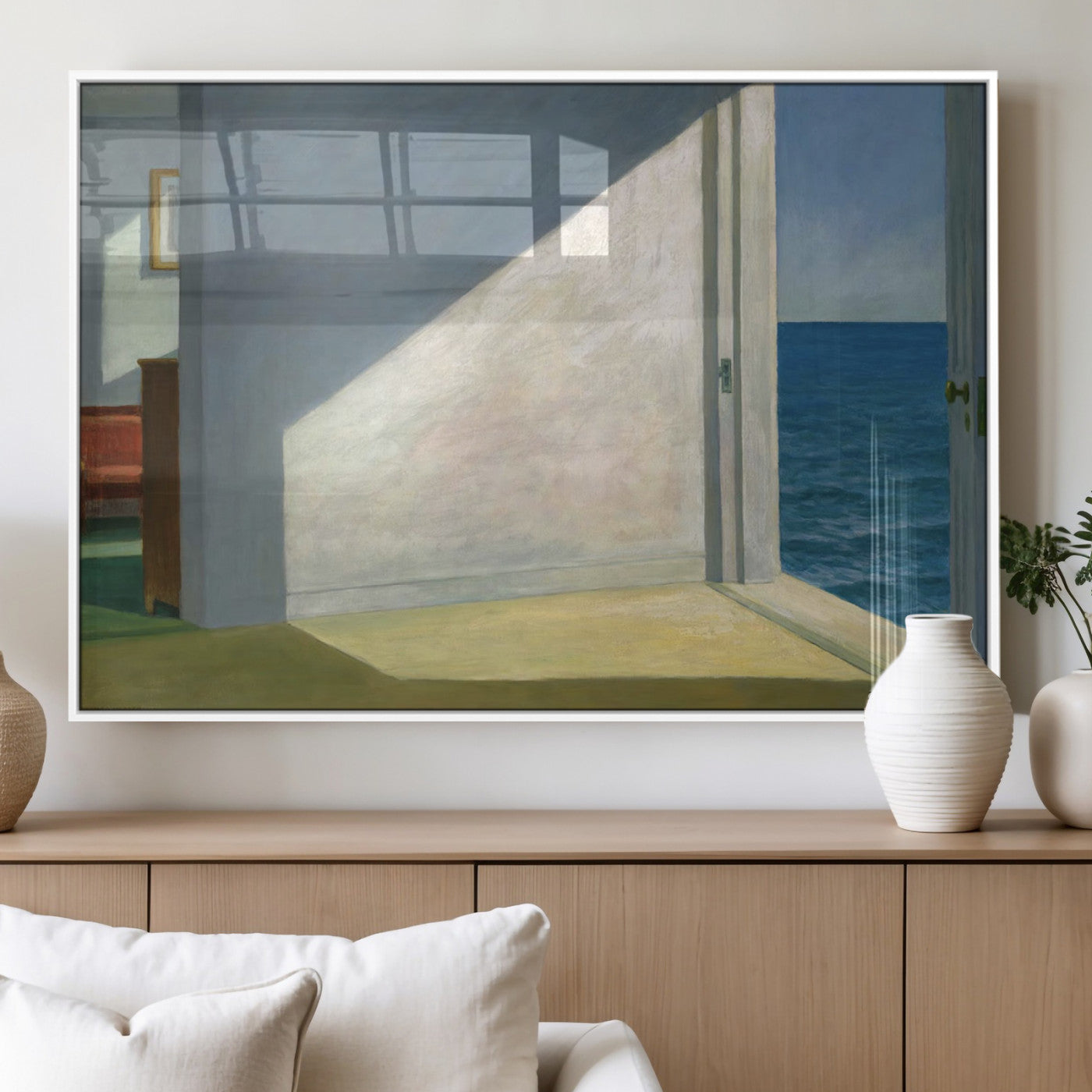 34188481-MGV-FP-36X24-3P_White-Coastal Sunlight Wall Art – Minimalist Ocean View Canvas Print, Serene Beach House Inspired Decor for Bedroom, Living Room,