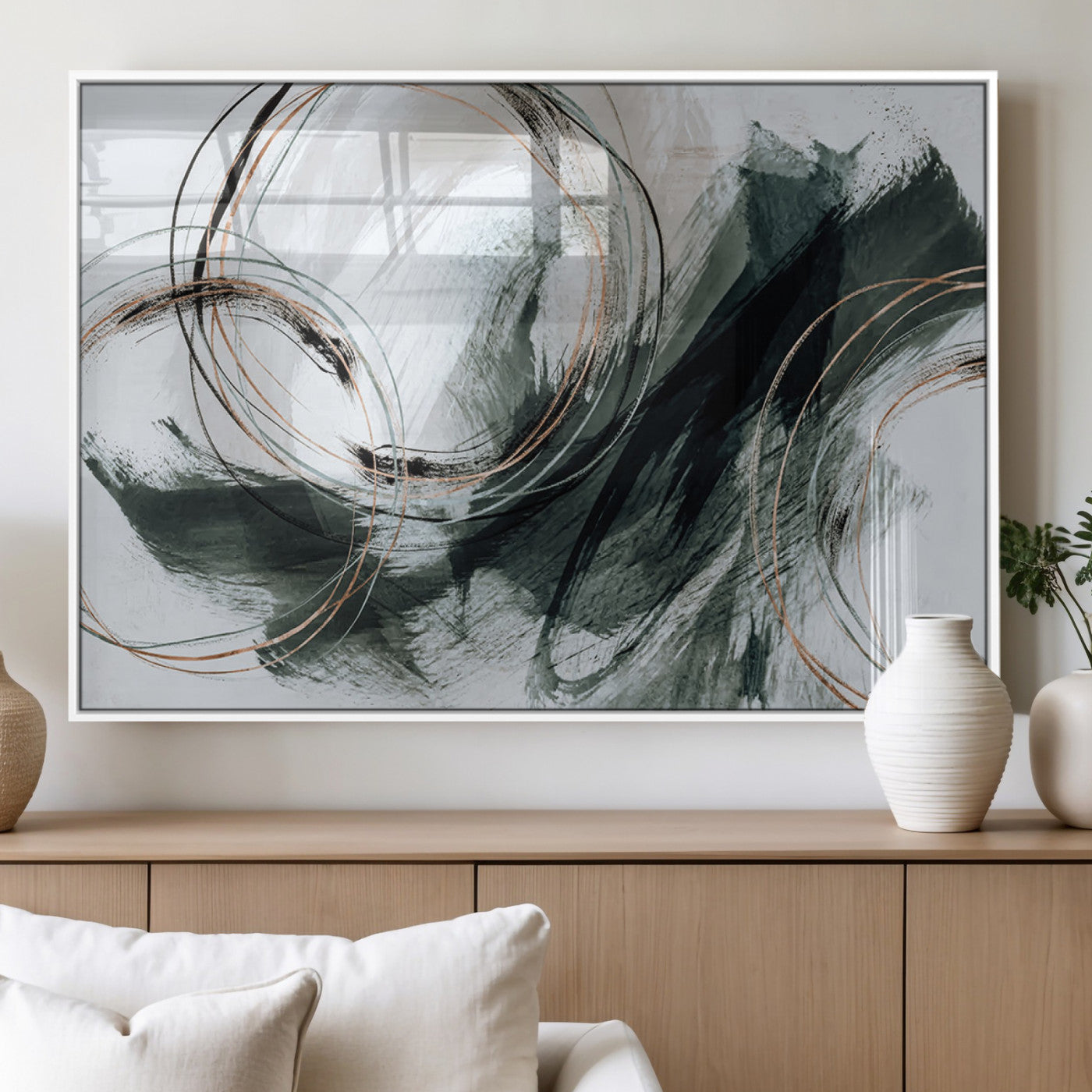 86583265-SEG-FC-90X60_Oversize_Oversize-Black and Gray Abstract Wall Art – Modern Copper Circle Canvas Print, Contemporary Minimalist Painting for Living Room, Bedroom,