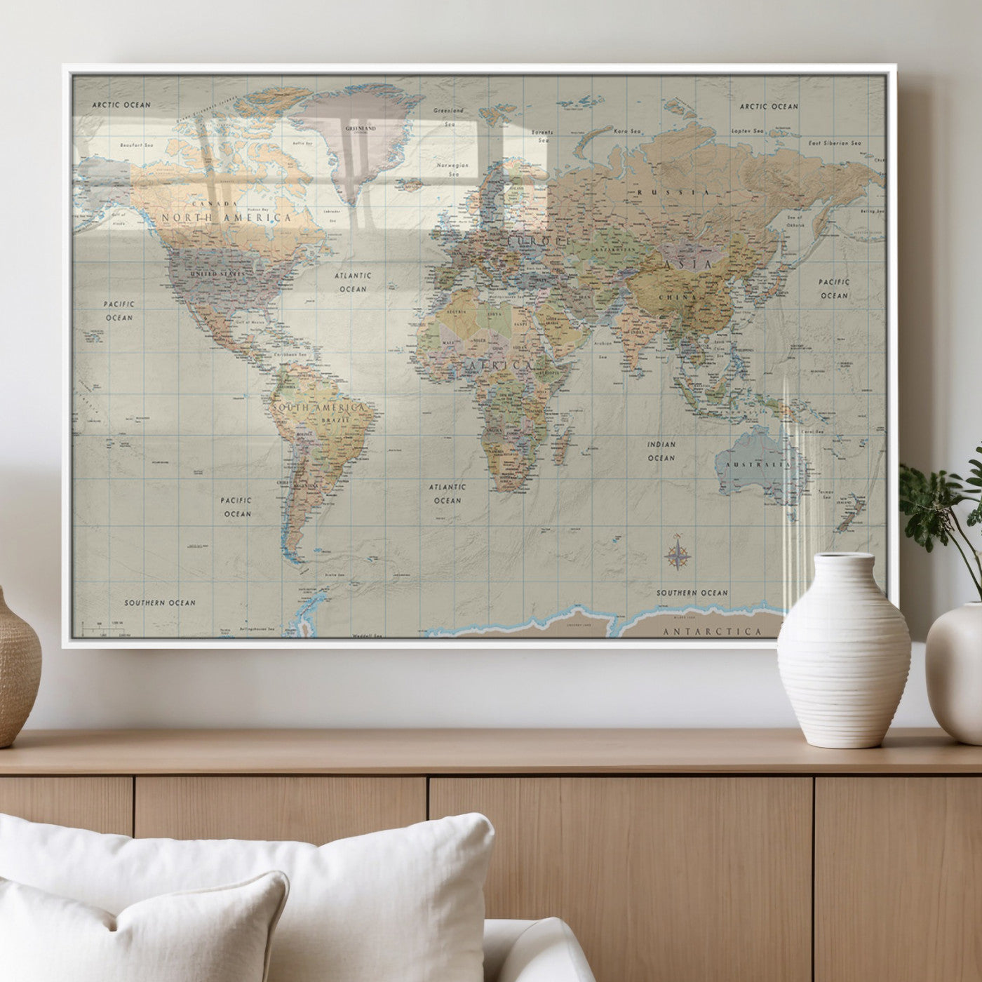 41929777-MGV-FP-36X24-3P_White-World Map Wall Art – Large Detailed Political Atlas Style Map Print with Countries, Cities, and Oceans, Warm Earth Tone