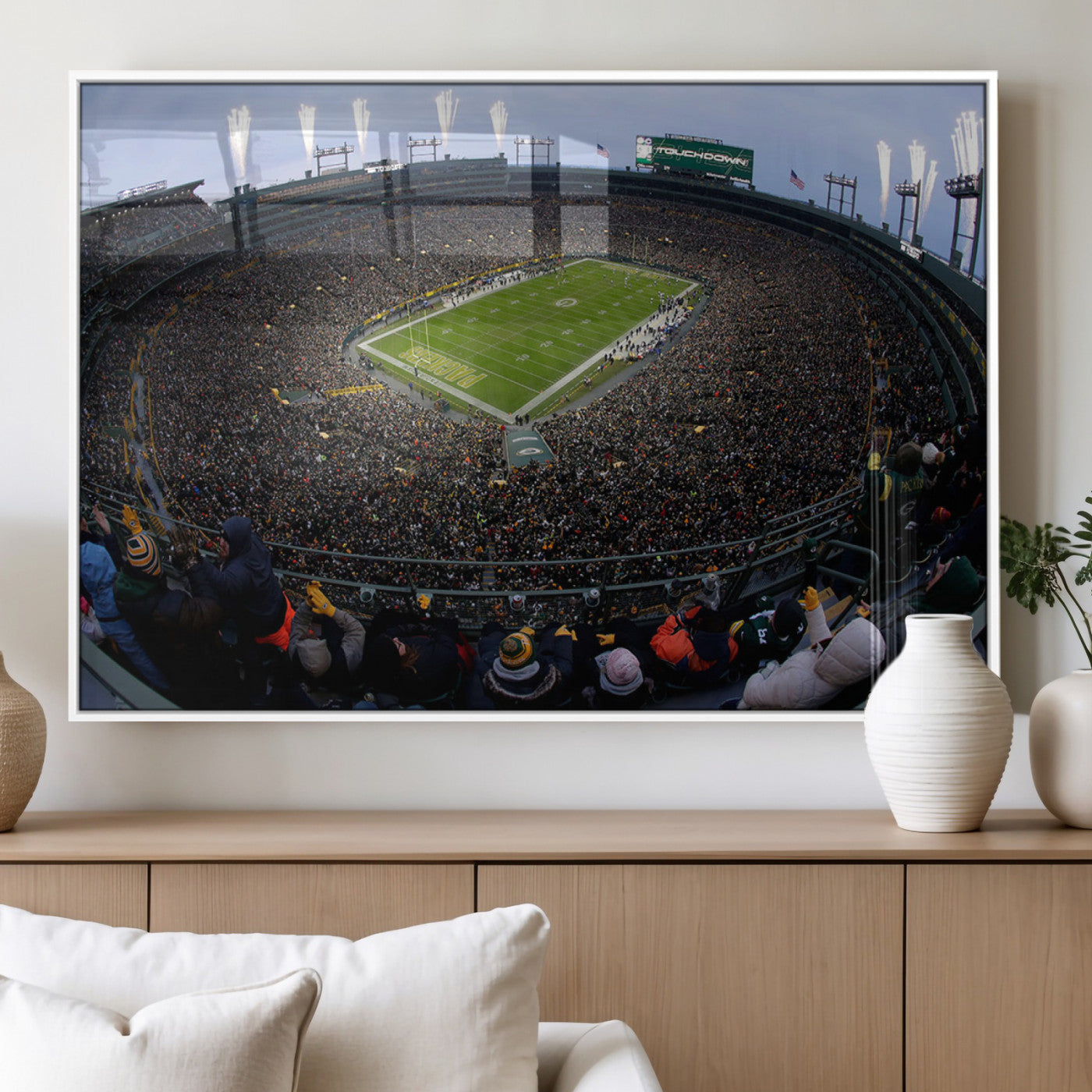 14387817-MGV-FP-36X24-3P_White-Lambeau Field Stadium Wall Art – Green Bay Packers Game Day Canvas Print with Fireworks and Crowd – NFL Football Fan Man Cave