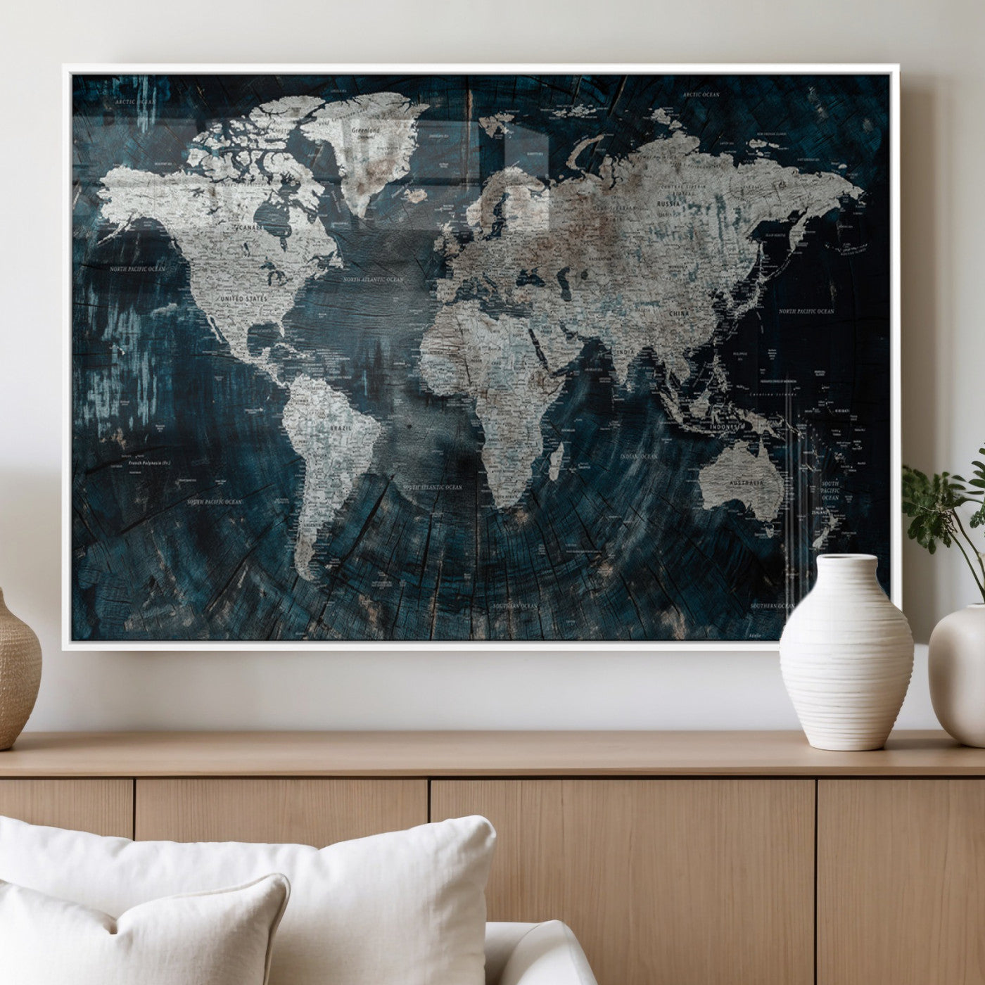 34425609-MGV-FP-36X24-3P_White-World Map Wall Art – Rustic Navy and Grey Atlas Canvas Print, Distressed Explorer Map Artwork, Industrial Style Decor for Office,