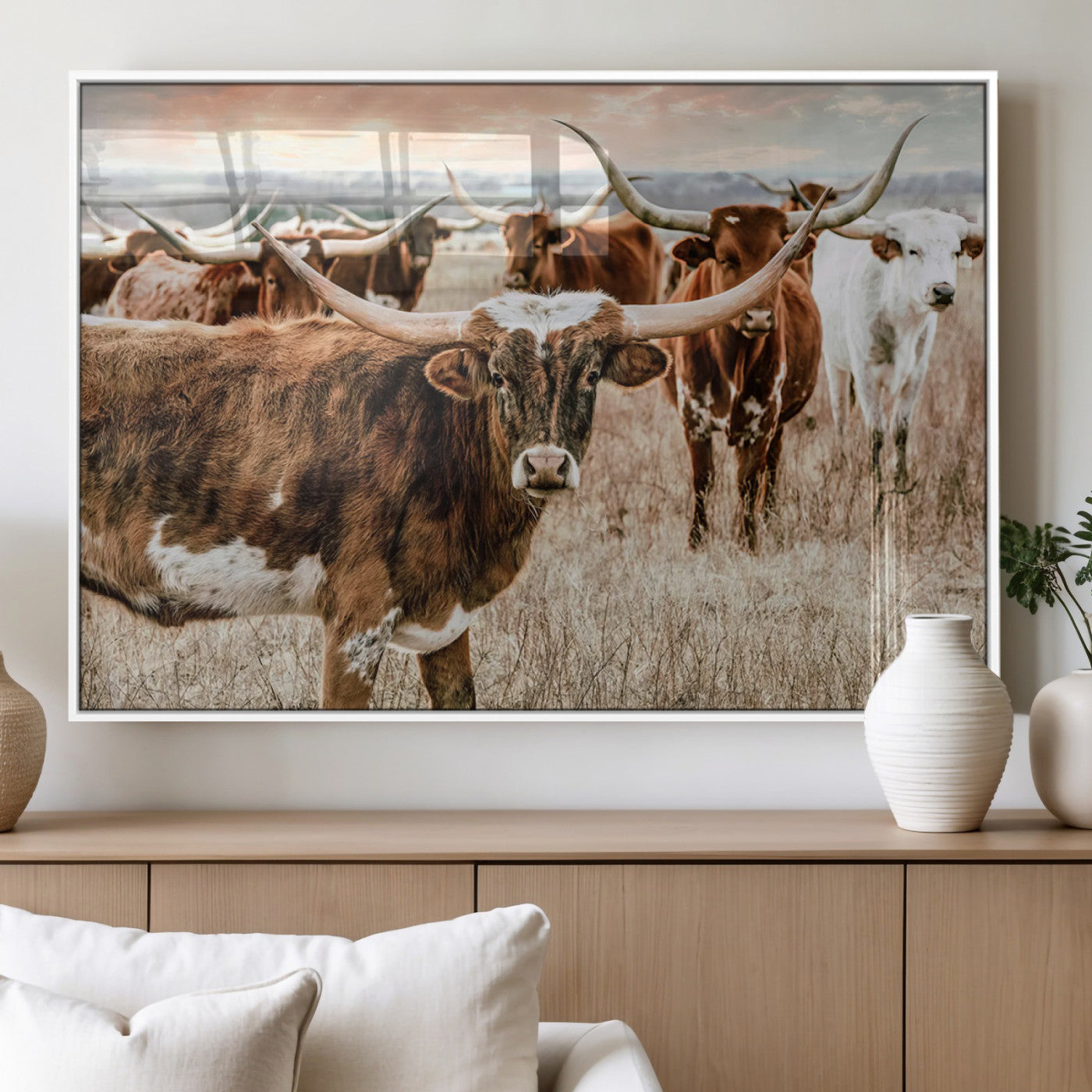 47758300-MGV-FP-36X24-3P_White-Texas Longhorn Cattle Wall Art – Rustic Western Herd Canvas Print, Cowboy Ranch Farmhouse Decor for Living Room, Office, or