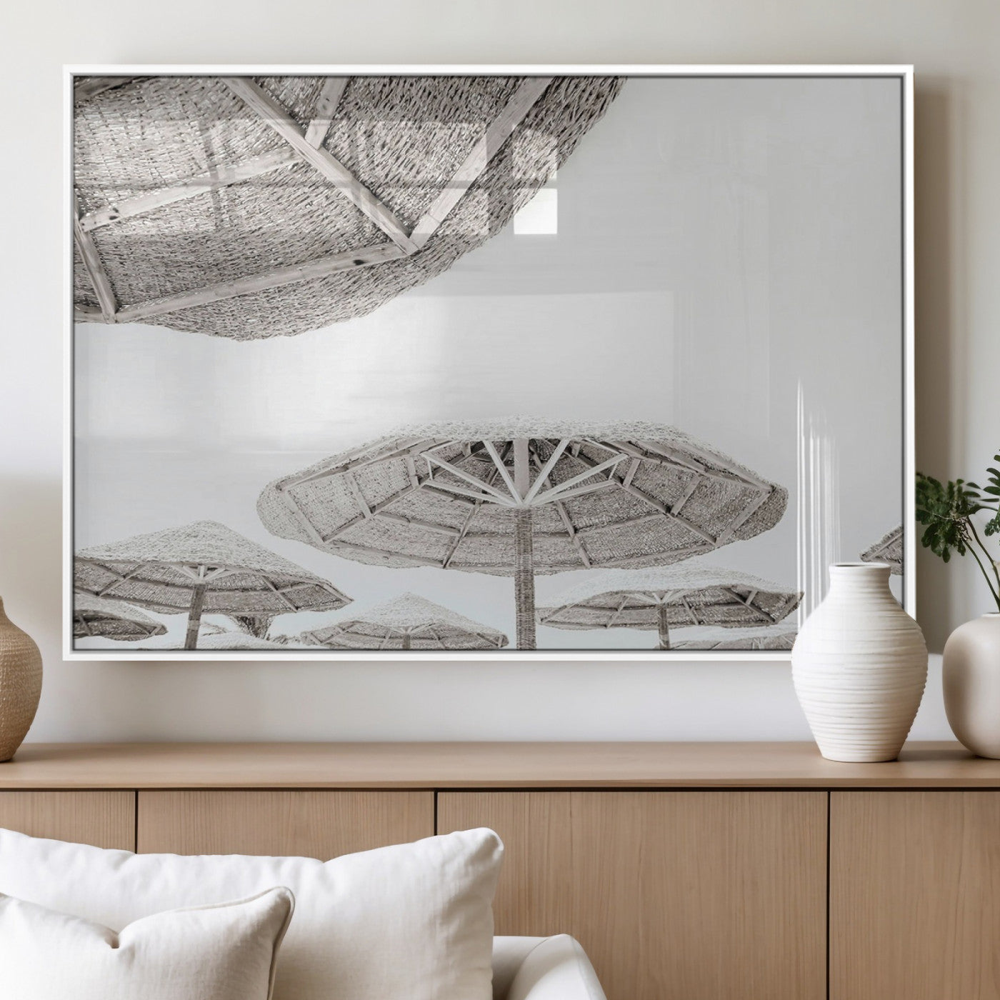 97043123-MGV-FP-36X24-3P_White-Beach Umbrella Wall Art – Minimalist Coastal Canvas Print, Woven Parasol Summer Decor for Bedroom, Living Room, or Modern Beach