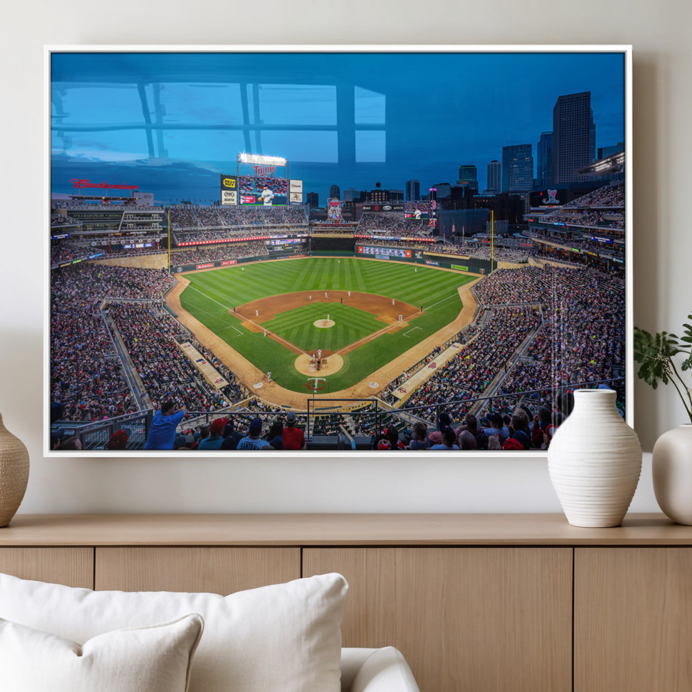 77273035-MGV-FP-36X24-3P_White-Baseball Stadium Wall Art – Panoramic Evening Game Canvas Print, Sports Fan Decor for Man Cave, Office, Bar, or Living Room