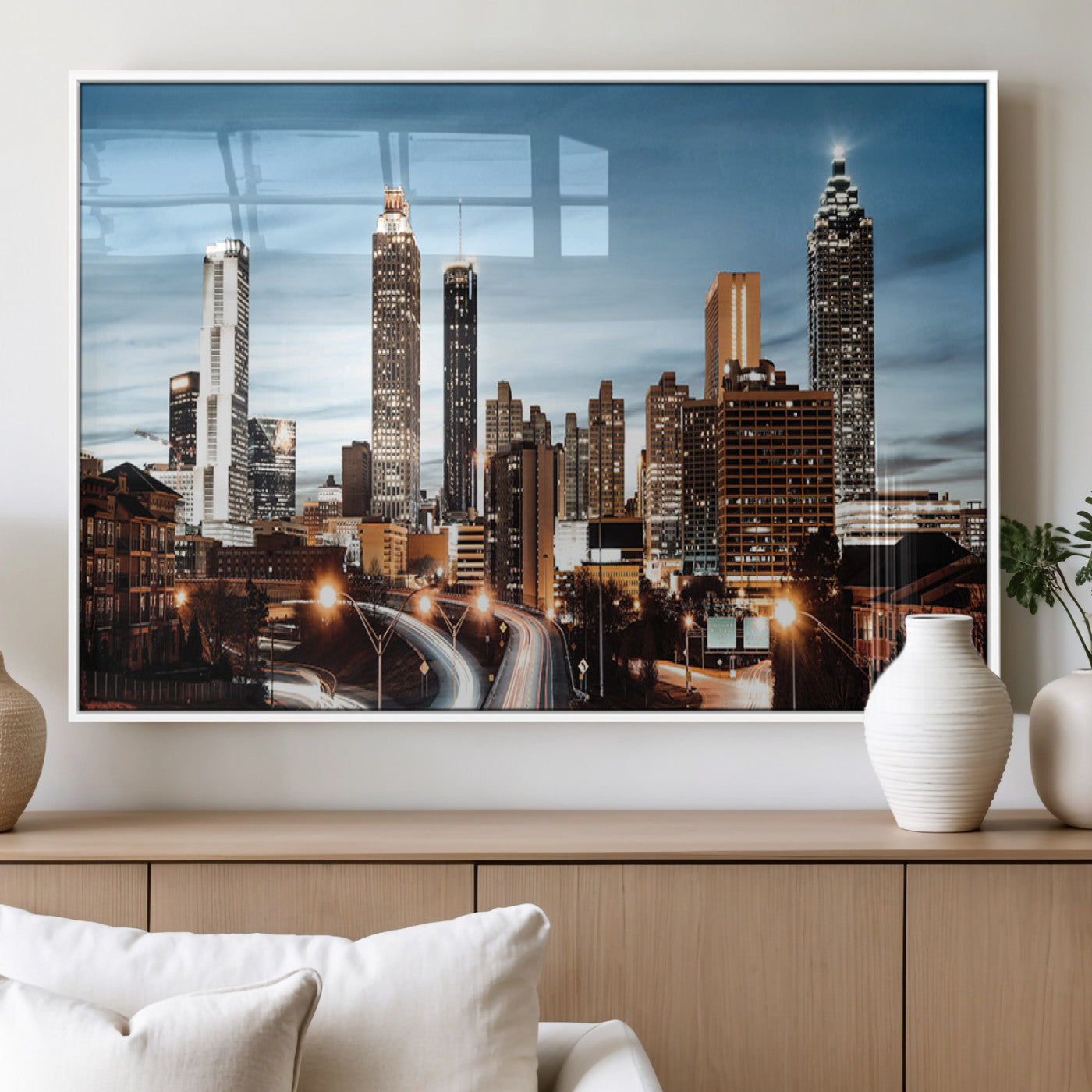 23859158-MGV-FP-36X24-3P_White-Atlanta Skyline Wall Art – Modern Cityscape Canvas Print with Night Lights and Traffic Trails, Urban Decor for Office, Apartment,