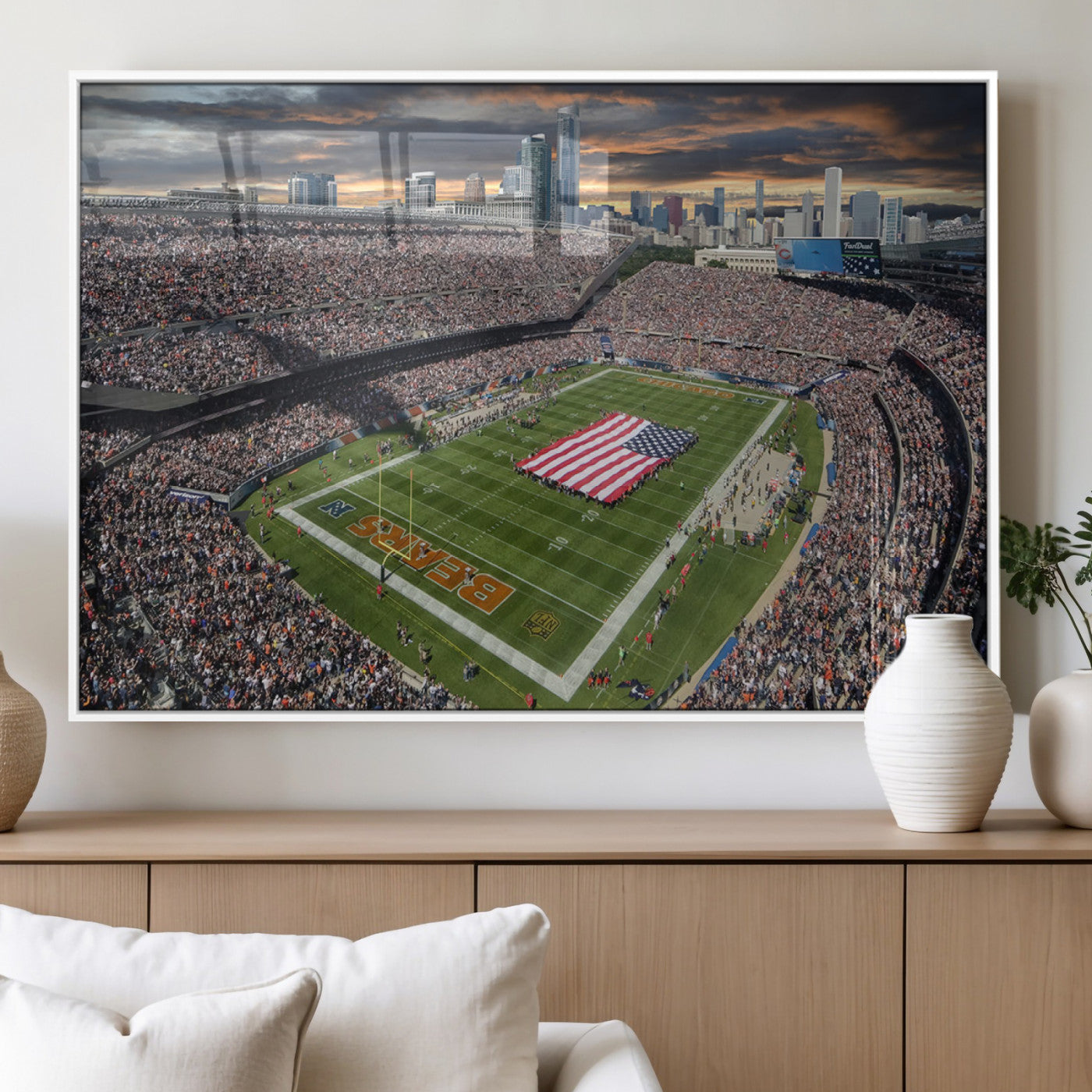 98106777-MGV-FP-36X24-3P_White-Soldier Field Wall Art – Chicago Bears Stadium Canvas Print with American Flag, Game Day Football Decor for Man Cave, Bar, or