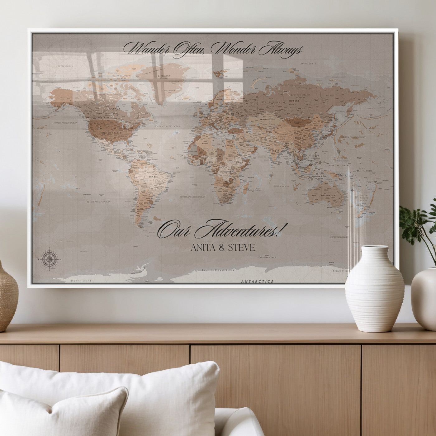 95243244-MGV-FP-36X24-3P_White-Wander Often Wonder Always World Map Wall Art – Neutral Beige Adventure Canvas Print, Rustic Boho Travel Decor for Bedroom, Living