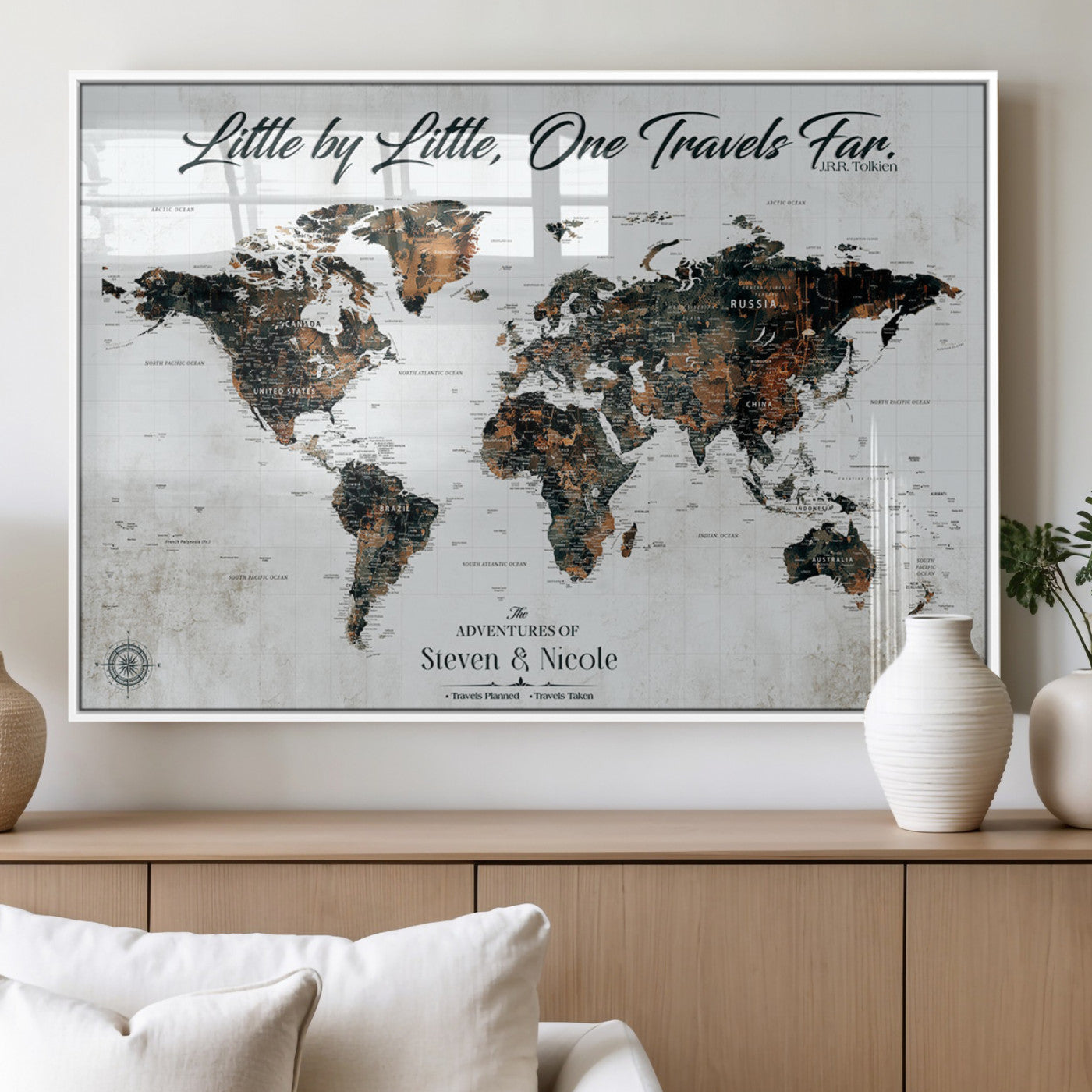 88337180-MGV-FP-36X24-3P_White-Little by Little One Travels Far Tolkien Quote World Map Rustic Black Brown Adventure Wall Art Canvas Print for Home Office Living