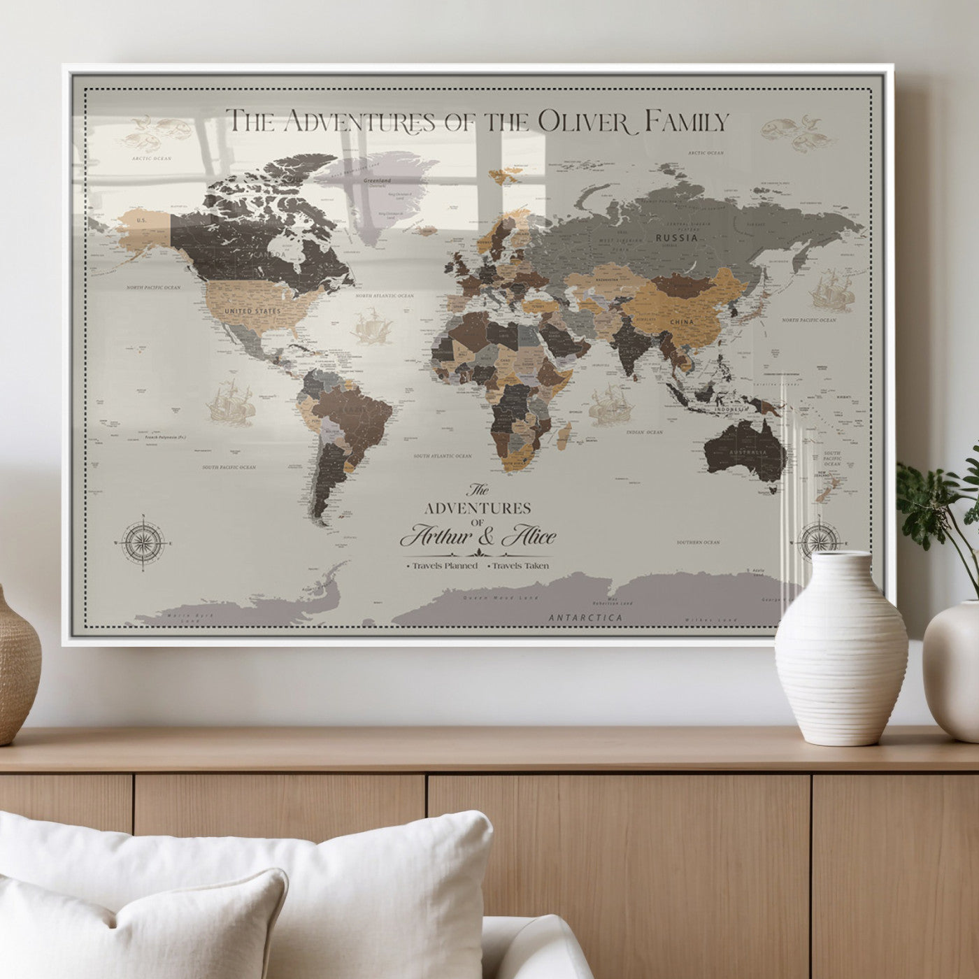 38723540-MGV-FP-36X24-3P_White-Adventures of the Oliver Family Wall Art – Earth Tone World Map Canvas Print, Minimalist Travel Decor for Living Room, Bedroom or