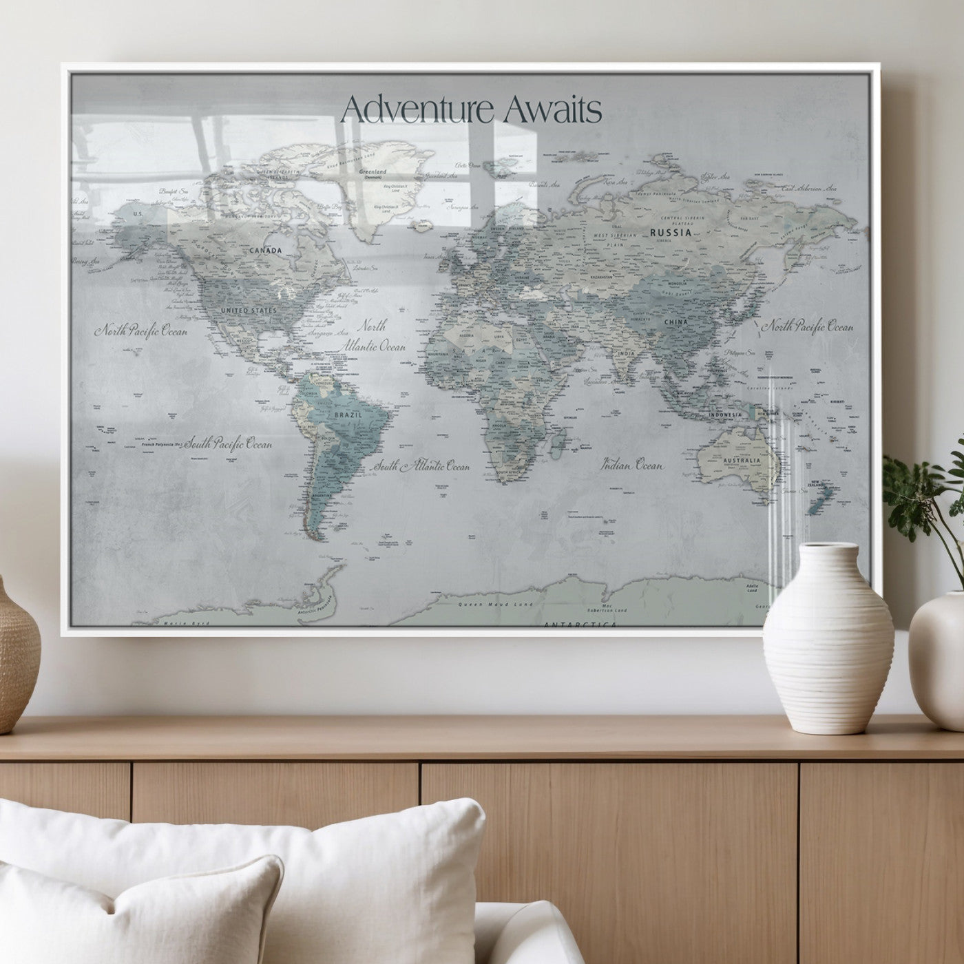 TEST111-MGV-FP-36X24-3P_White-Personalized Adventure Awaits Push Pin World Map – Custom Framed Travel Tracker Canvas Wall Art for Home, Office