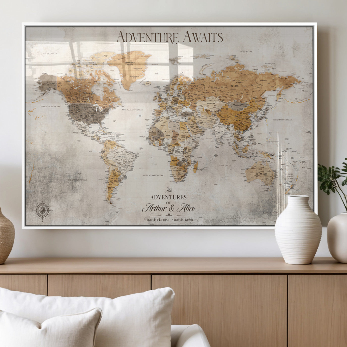 99422096-MGV-FP-36X24-3P_White-Adventure Awaits World Map Wall Art – Neutral Beige Canvas Print, Modern Travel Inspired Wall Decor for Living Room, Bedroom or