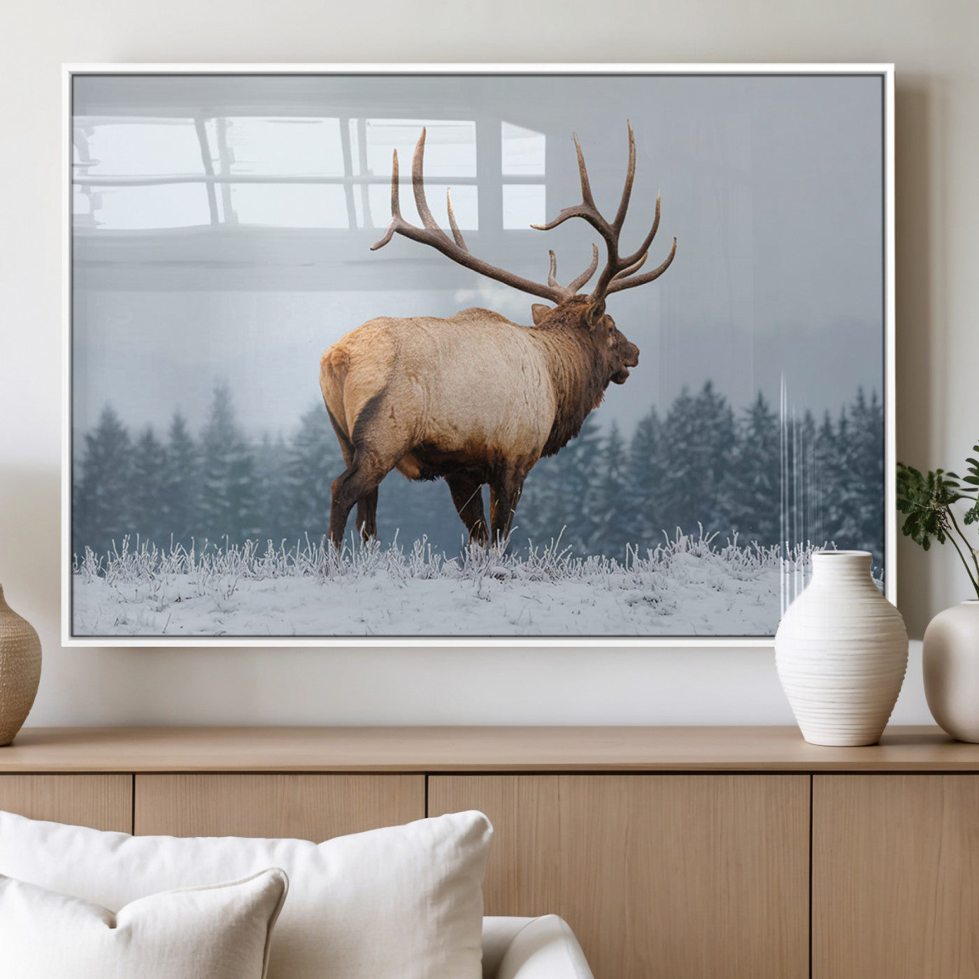85177251-MGV-FP-36X24-3P_White-Elk Wall Art – Majestic Wildlife Canvas Print of Bull Elk Snowy Forest, Rustic Nature Decor for Living Room, Cabin, or Office