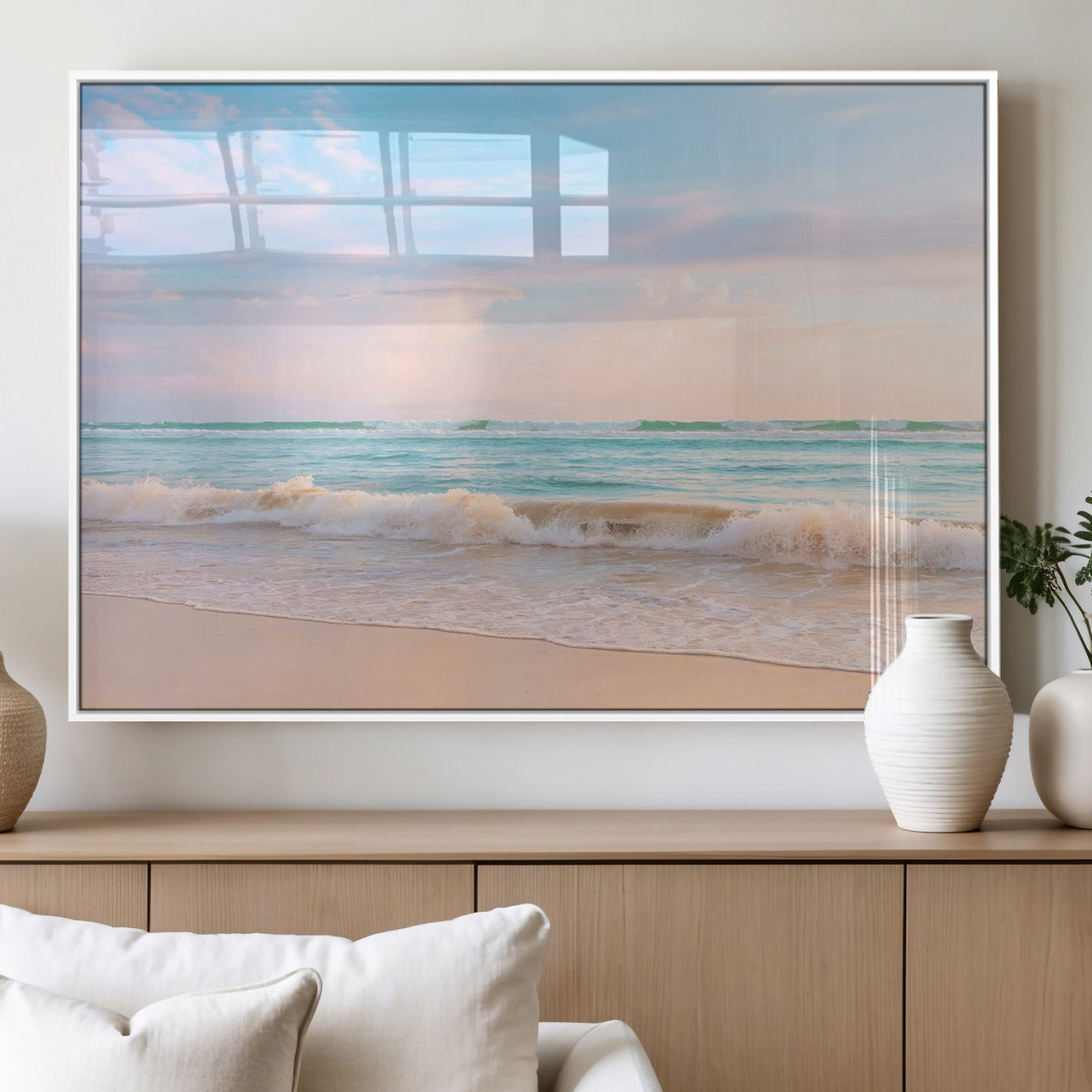 88024944-MGV-FP-36X24-3P_White-Beach Landscape Wall Art – Coastal Ocean Canvas Print with Gentle Waves and Pastel Sky, Serene Seascape Photography for Living