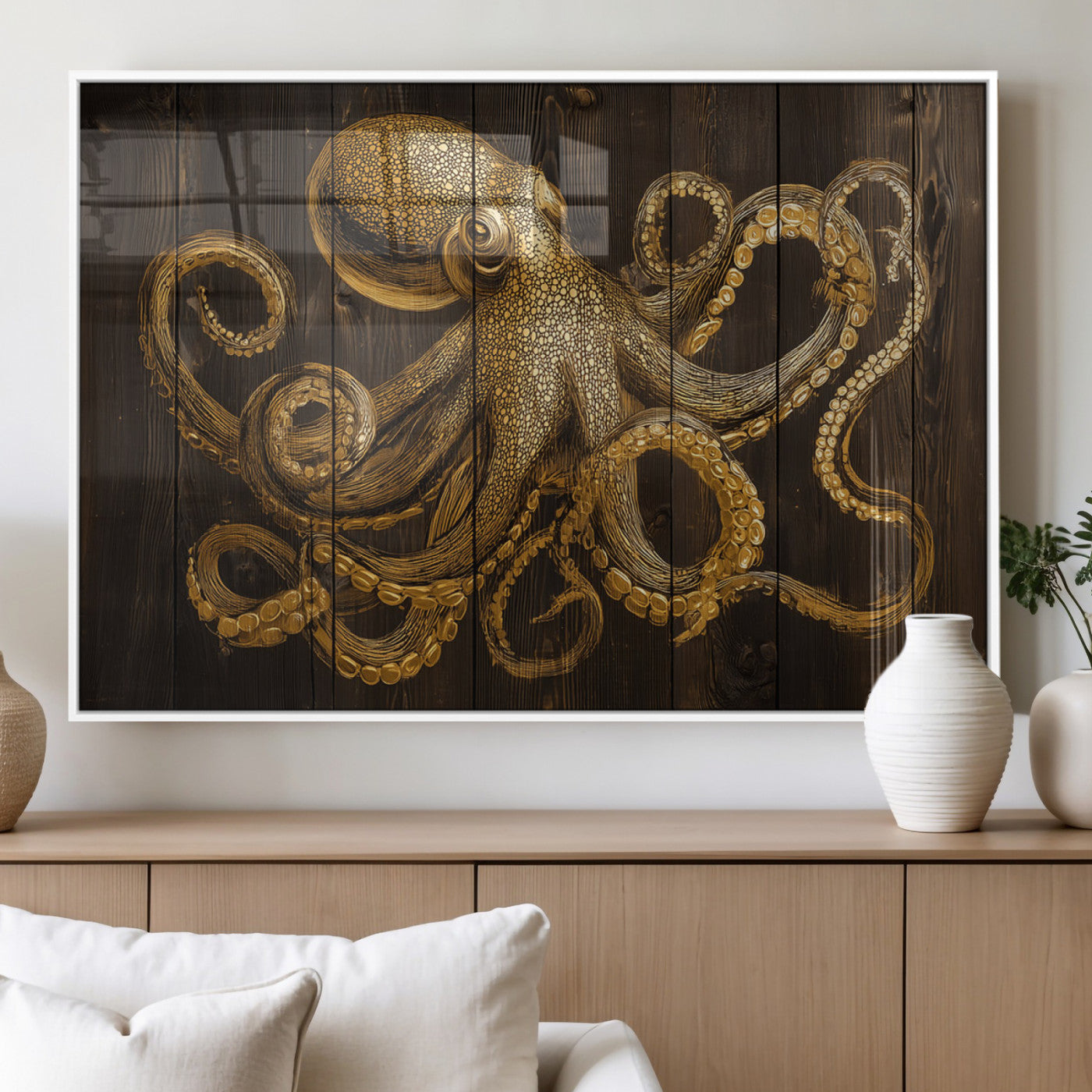 56769669-MGV-FP-36X24-3P_White-Octopus Wall Art – Gold Nautical Canvas Print with Rustic Wood Panel Design, Detailed Marine Artwork for Coastal Ocean Decoration