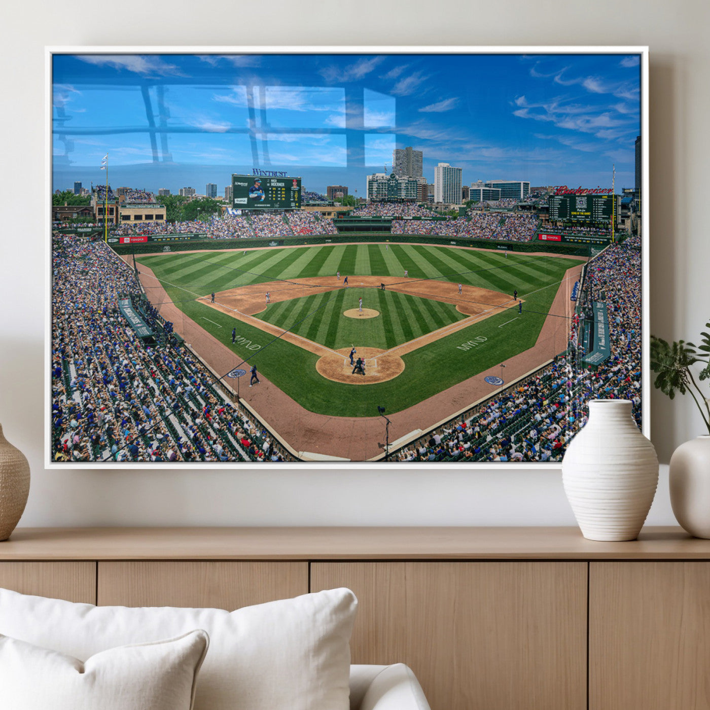 35800083-MGV-FP-60X30-3P_White-Wrigley Field Baseball Stadium Canvas Wall Art – Packed Crowd Sports Stadium Print, City Skyline Baseball Field Canvas for Game